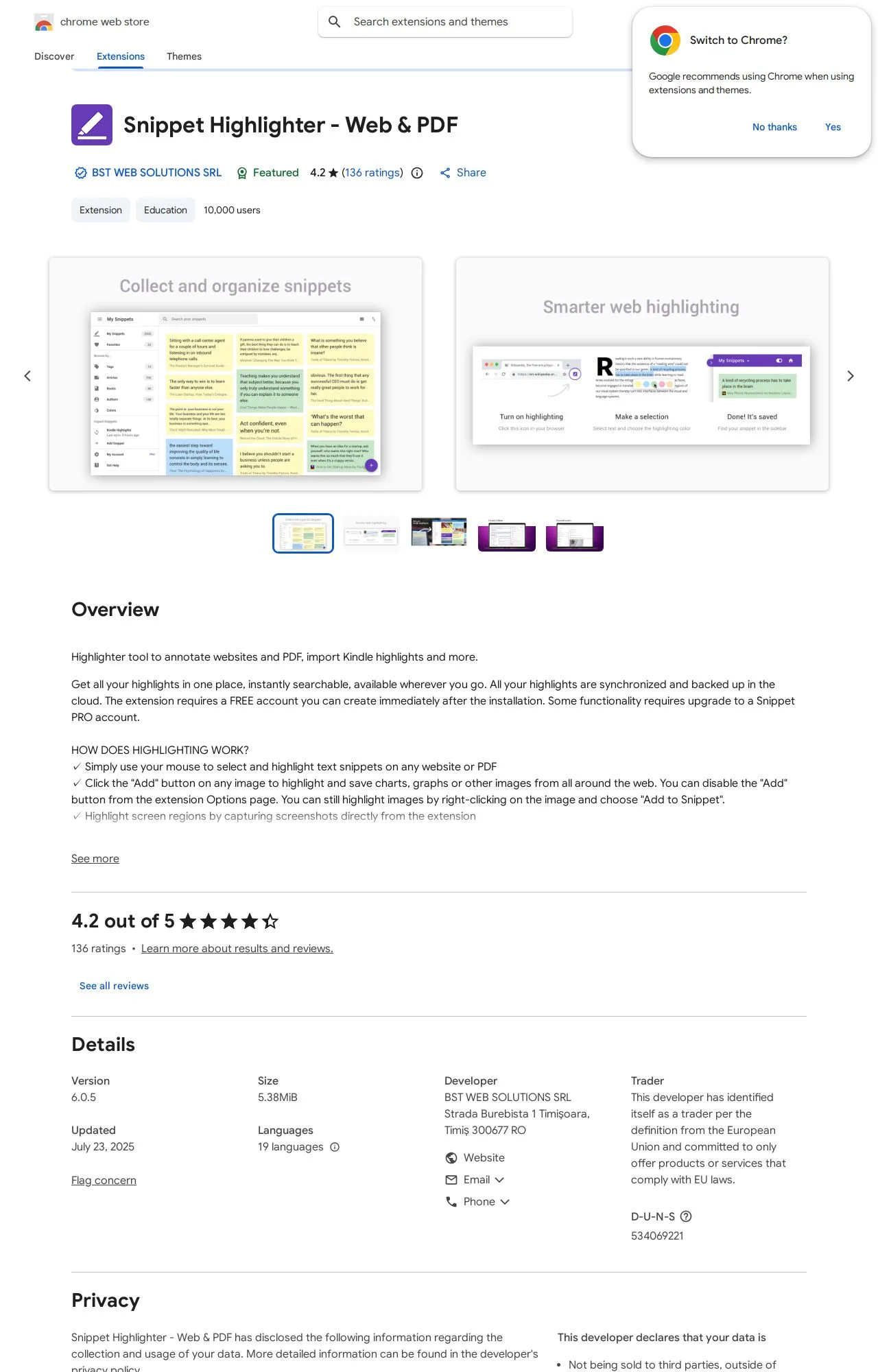Snippet Highlighter - Web & PDF listing on the Chrome Web Store