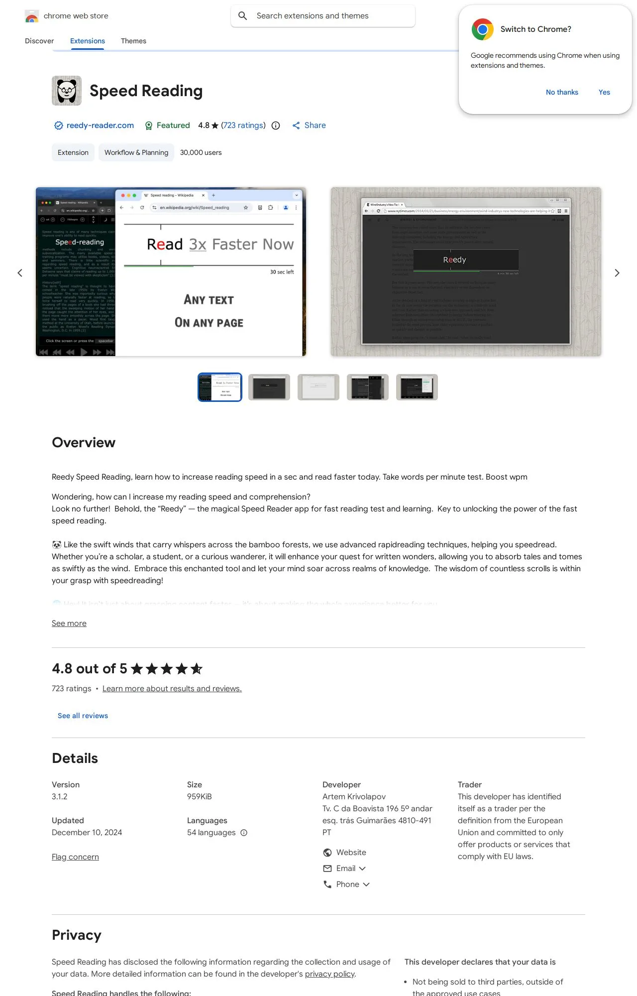 Speed Reading listing on the Chrome Web Store
