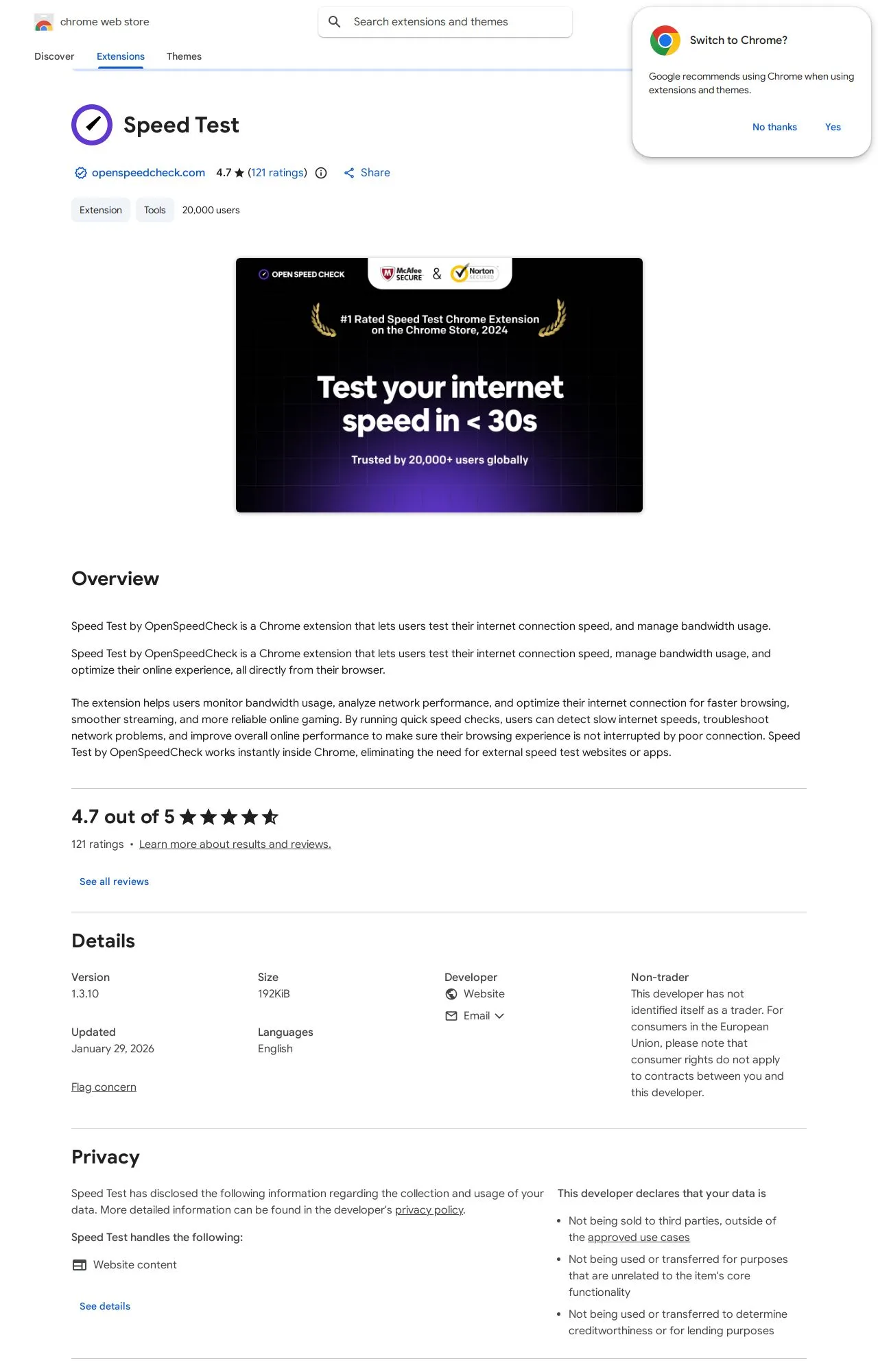 Speed Test listing on the Chrome Web Store