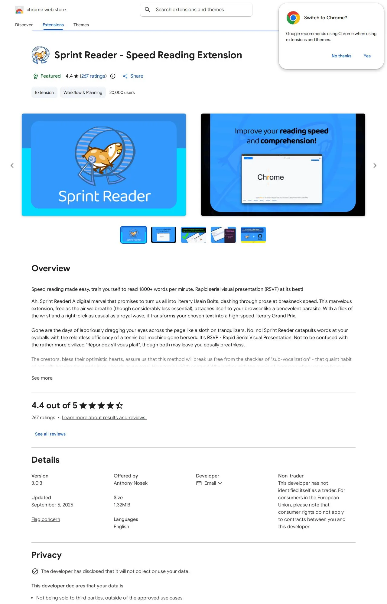 Sprint Reader - Speed Reading Extension listing on the Chrome Web Store