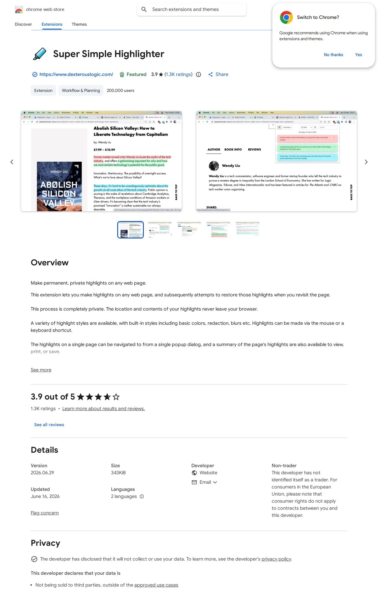 Super Simple Highlighter listing on the Chrome Web Store