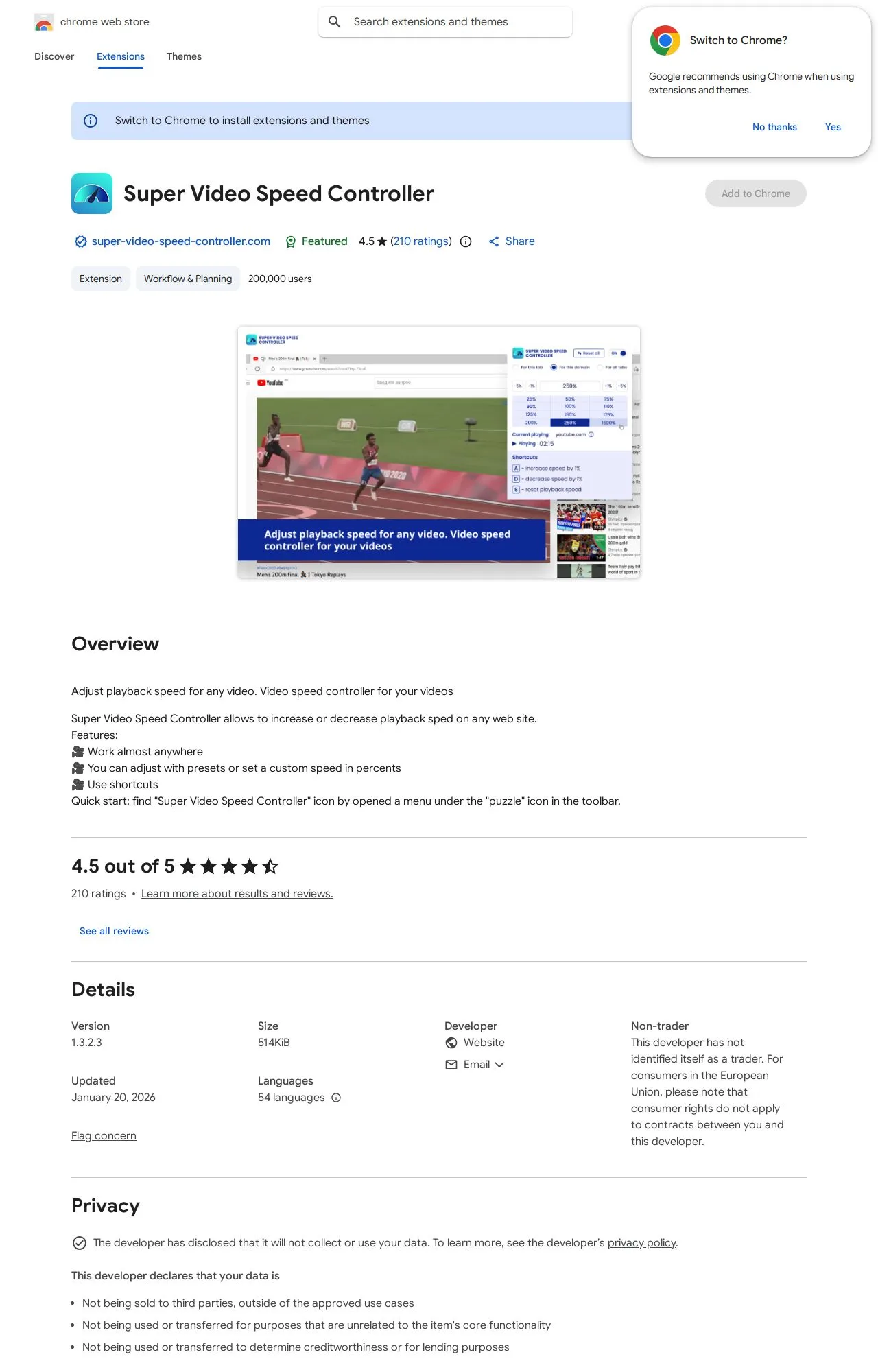 Super Video Speed Controller listing on the Chrome Web Store