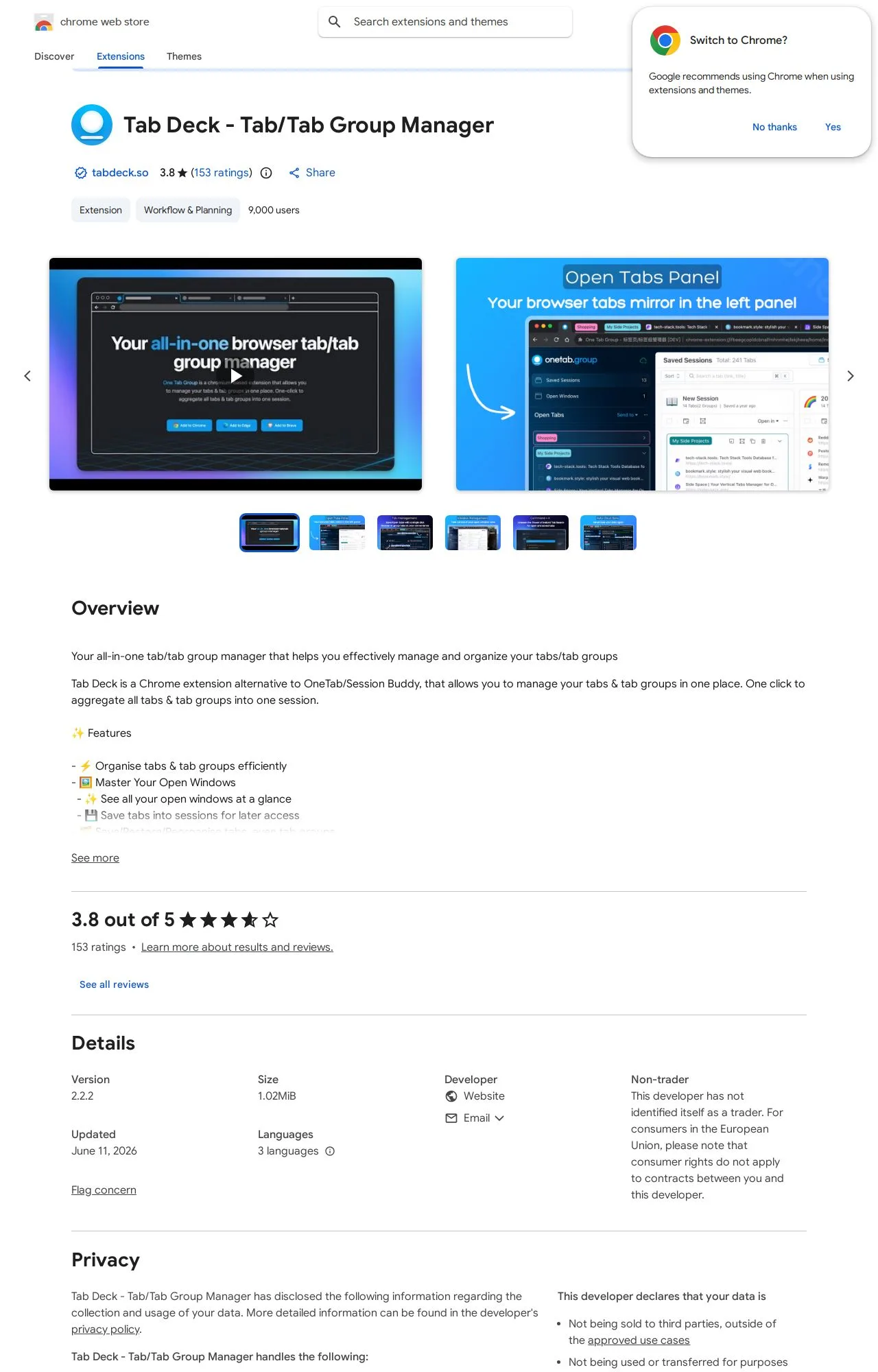 Tab Deck - Tab/Tab Group Manager listing on the Chrome Web Store