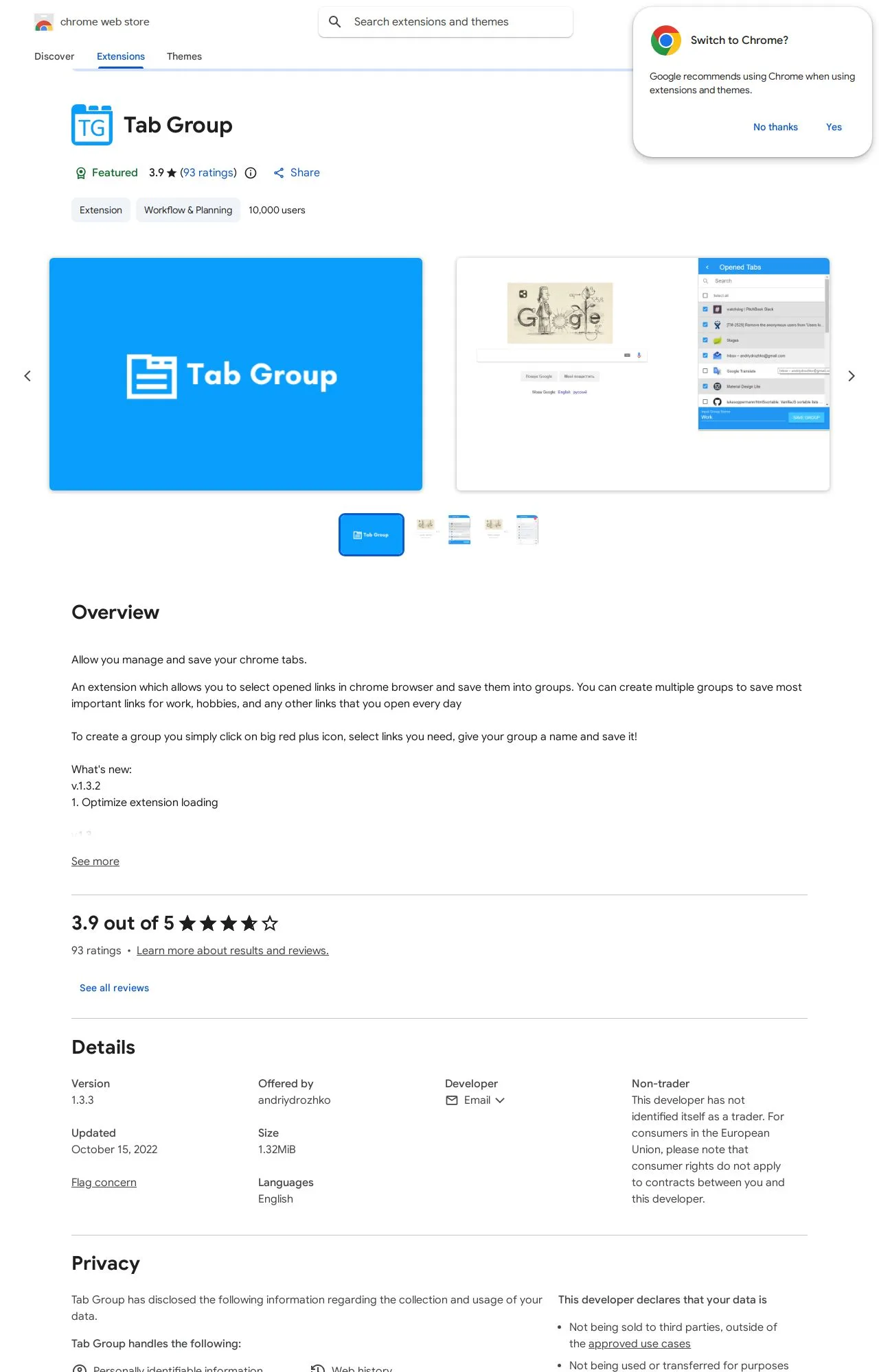 Tab Group listing on the Chrome Web Store