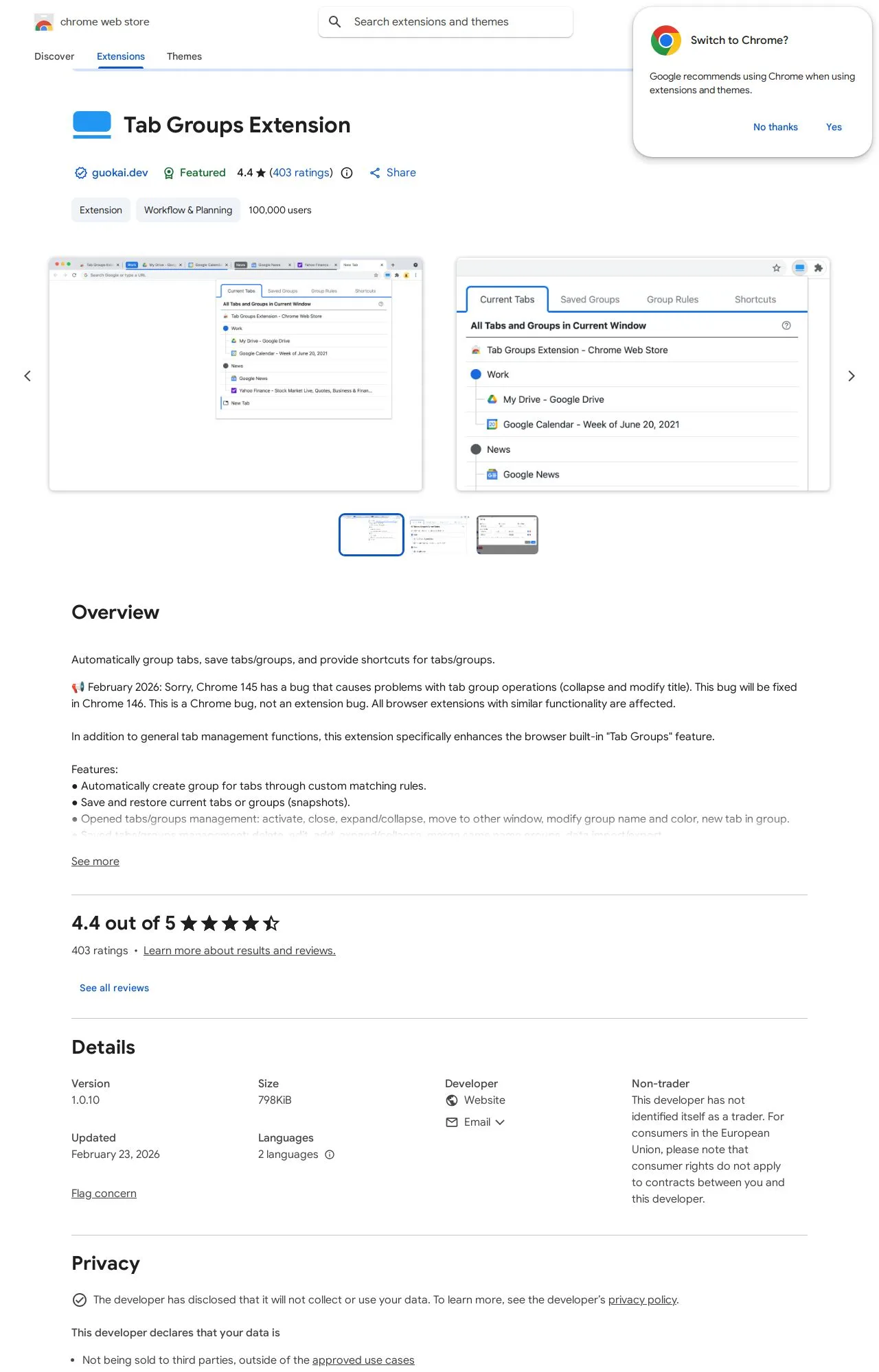 Tab Groups Extension listing on the Chrome Web Store
