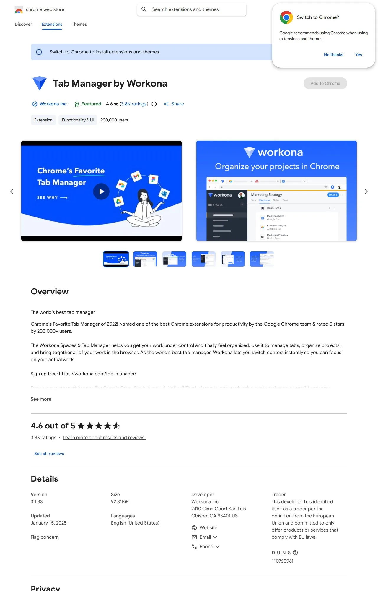 Tab Manager by Workona listing on the Chrome Web Store