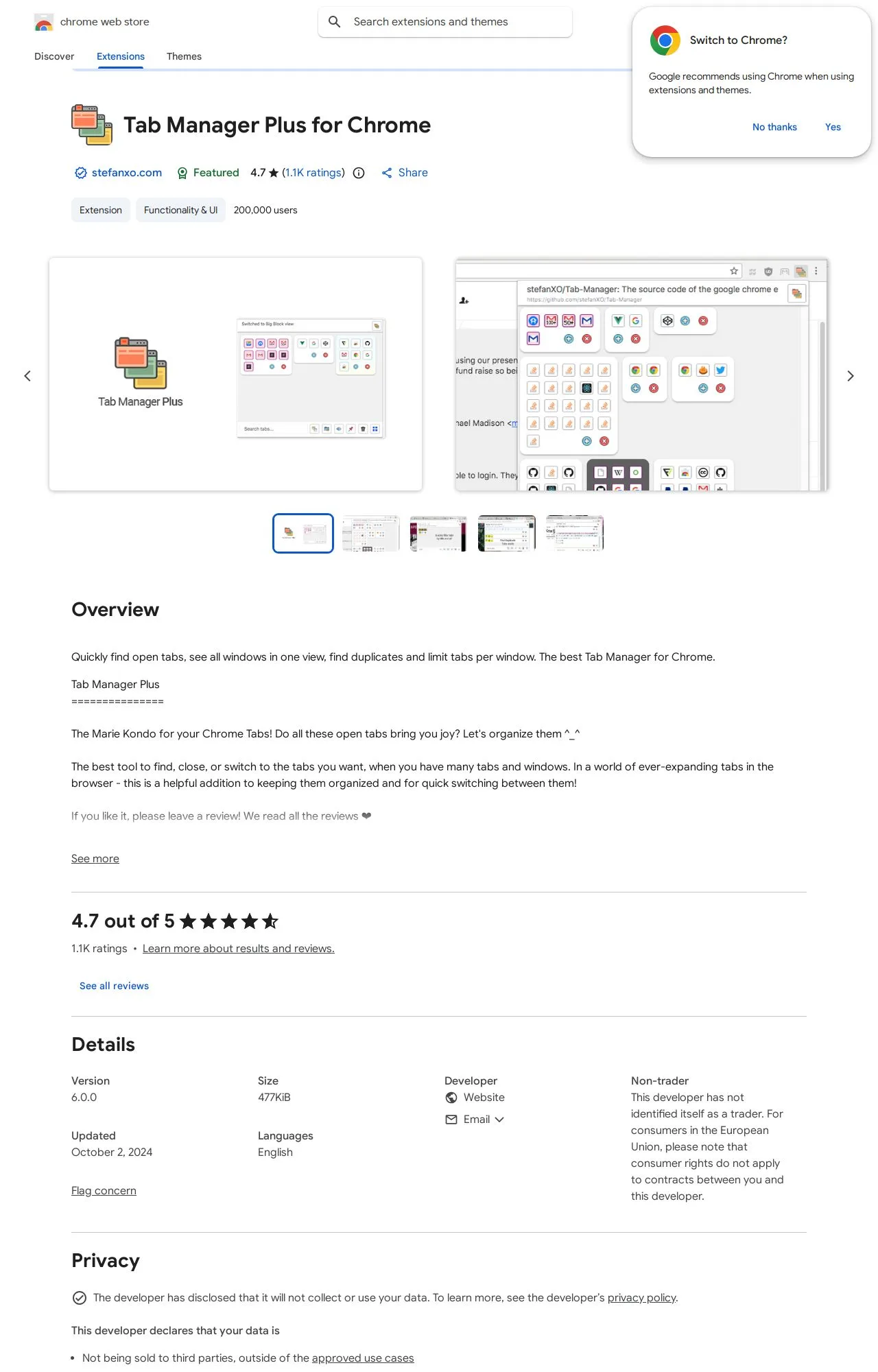 Tab Manager Plus for Chrome listing on the Chrome Web Store