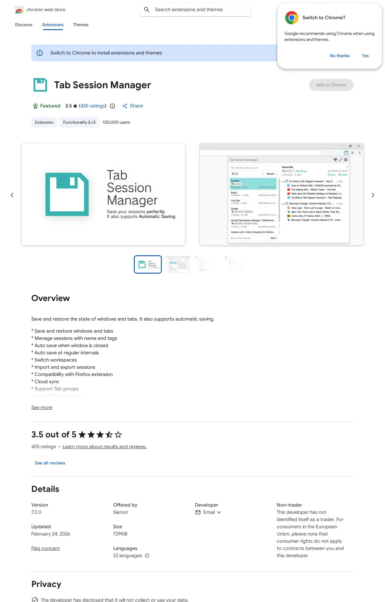 Tab Session Manager listing on the Chrome Web Store