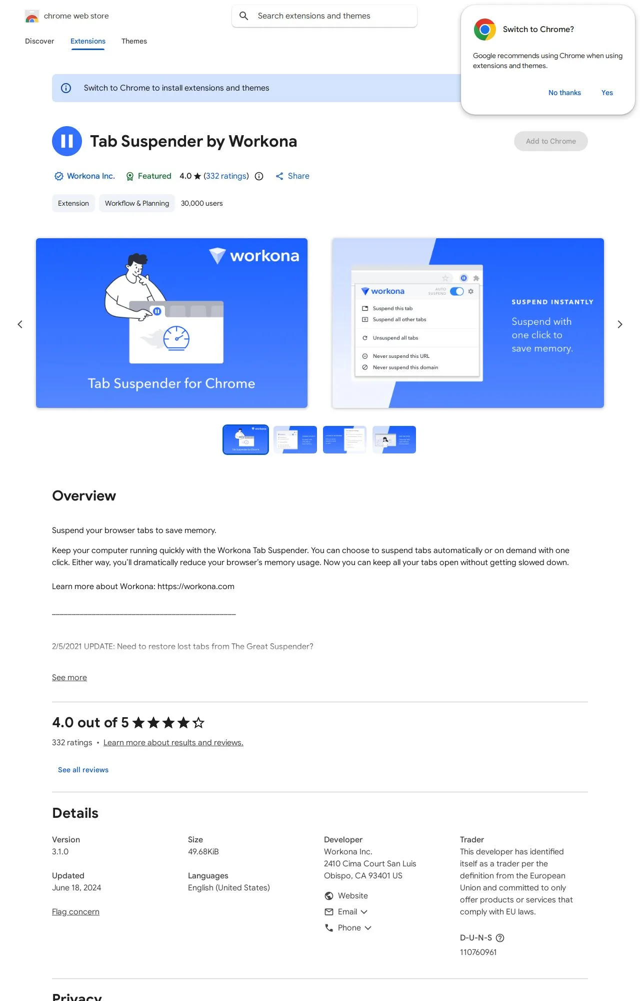 Tab Suspender by Workona listing on the Chrome Web Store