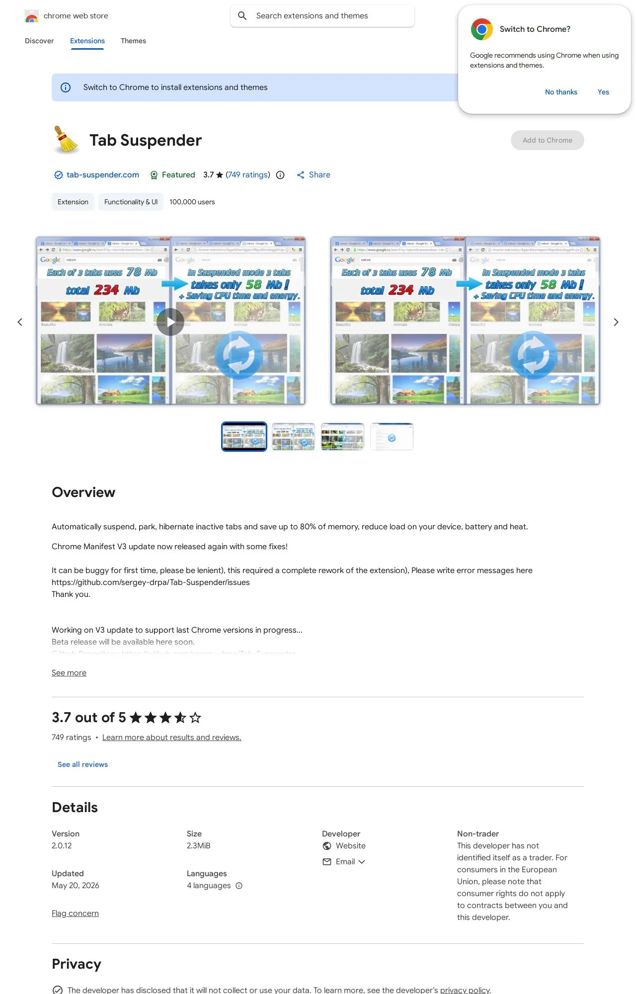 Tab Suspender listing on the Chrome Web Store