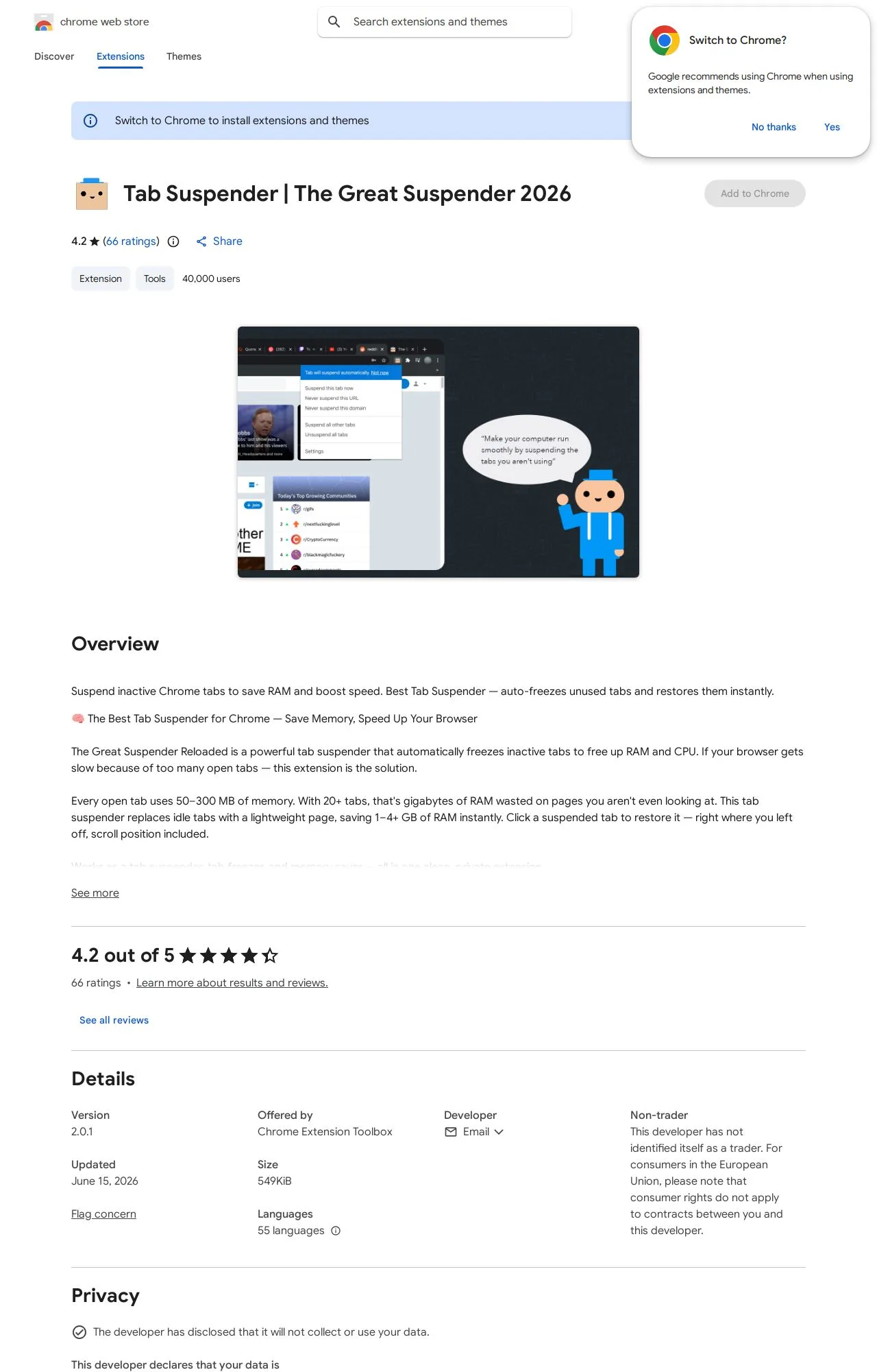 Tab Suspender | The Great Suspender 2026 listing on the Chrome Web Store