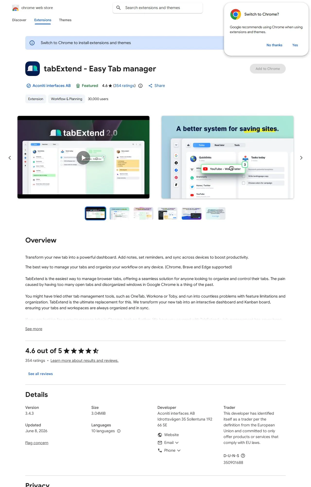tabExtend - Easy Tab manager listing on the Chrome Web Store