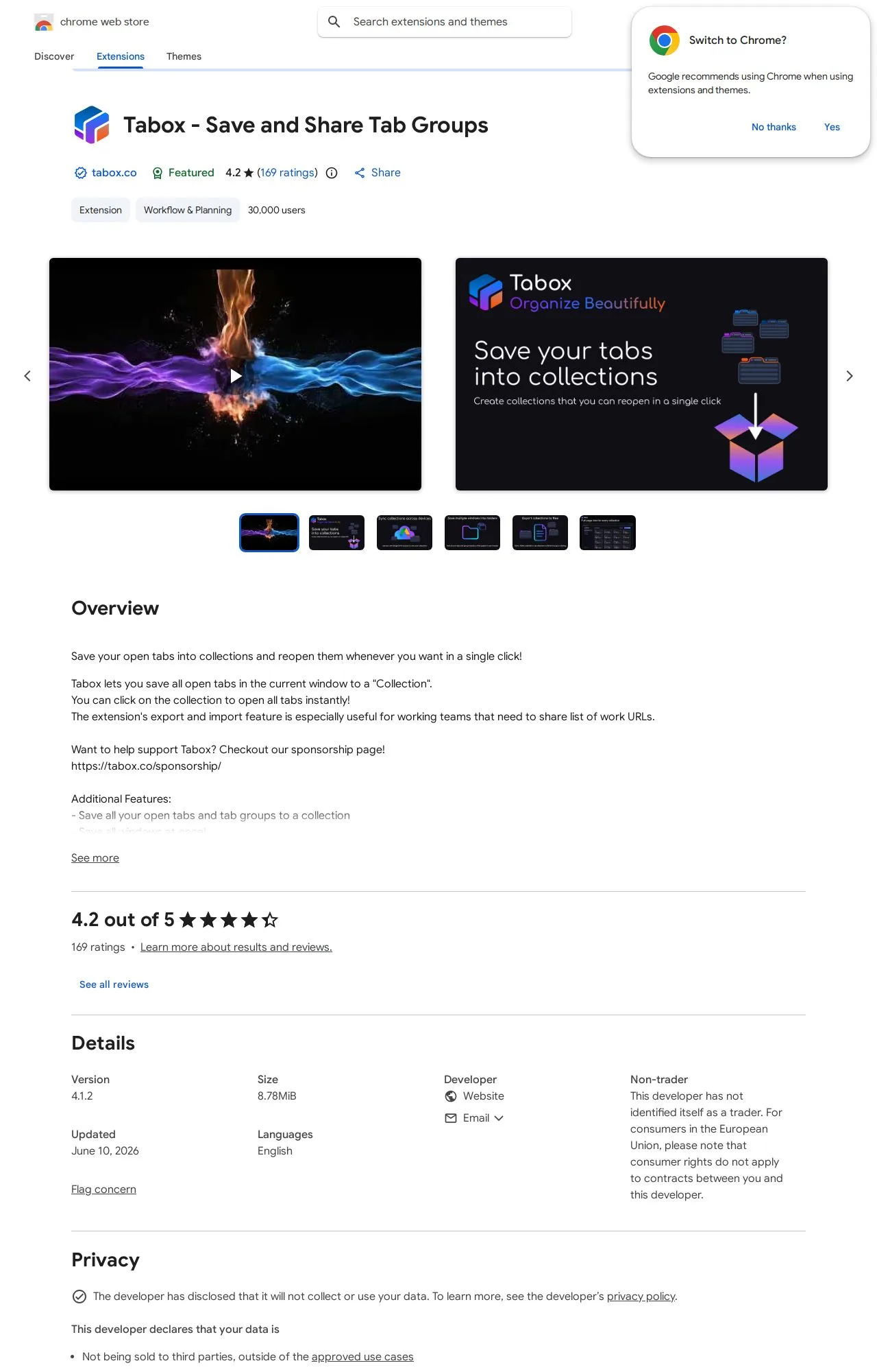 Tabox - Save and Share Tab Groups listing on the Chrome Web Store