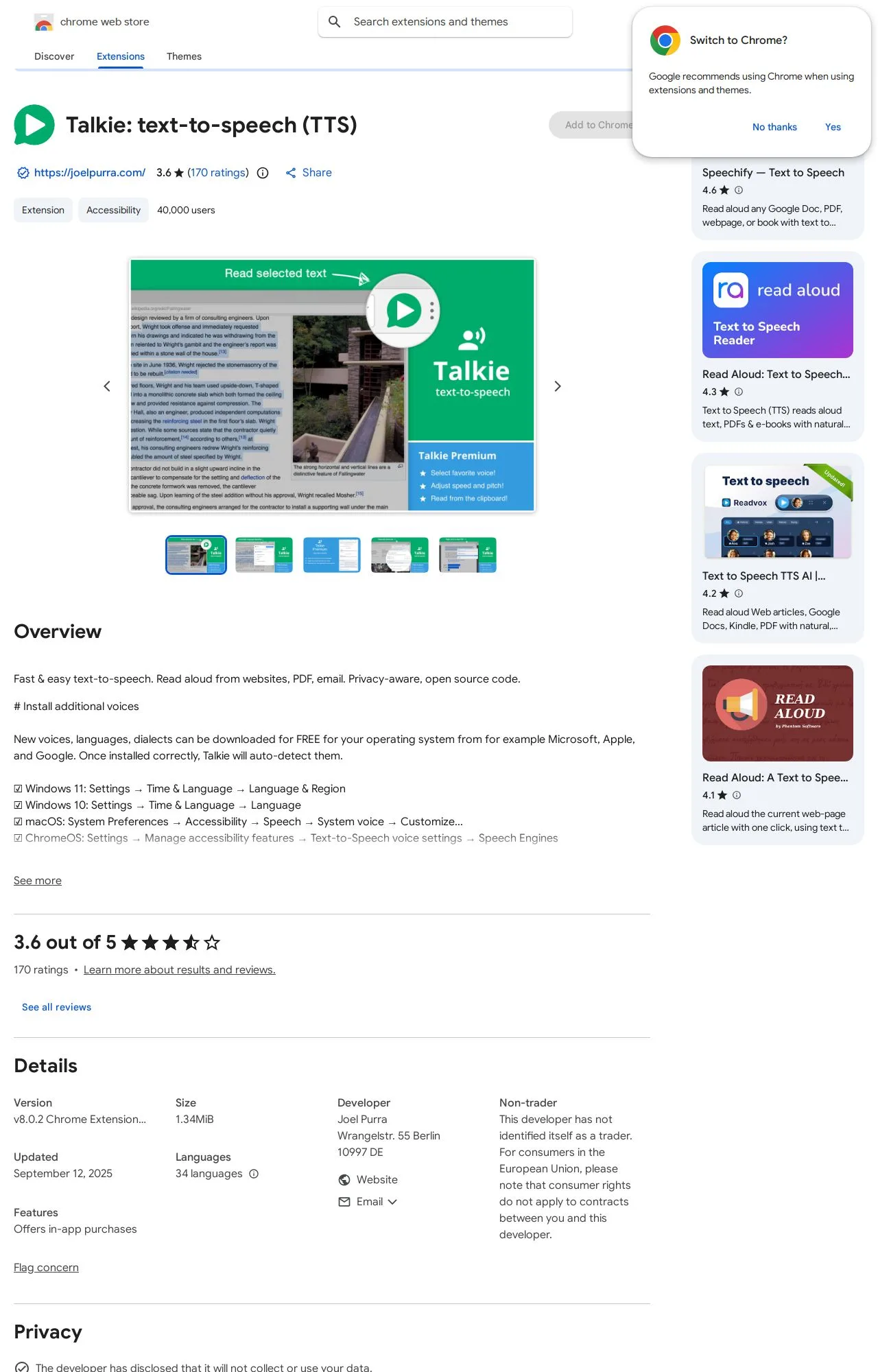 Talkie: text-to-speech (TTS) listing on the Chrome Web Store
