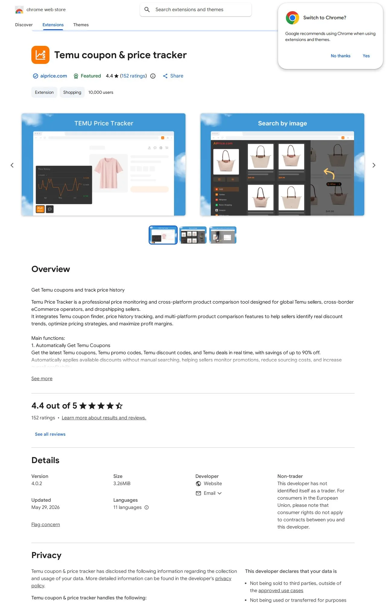 Temu coupon & price tracker listing on the Chrome Web Store