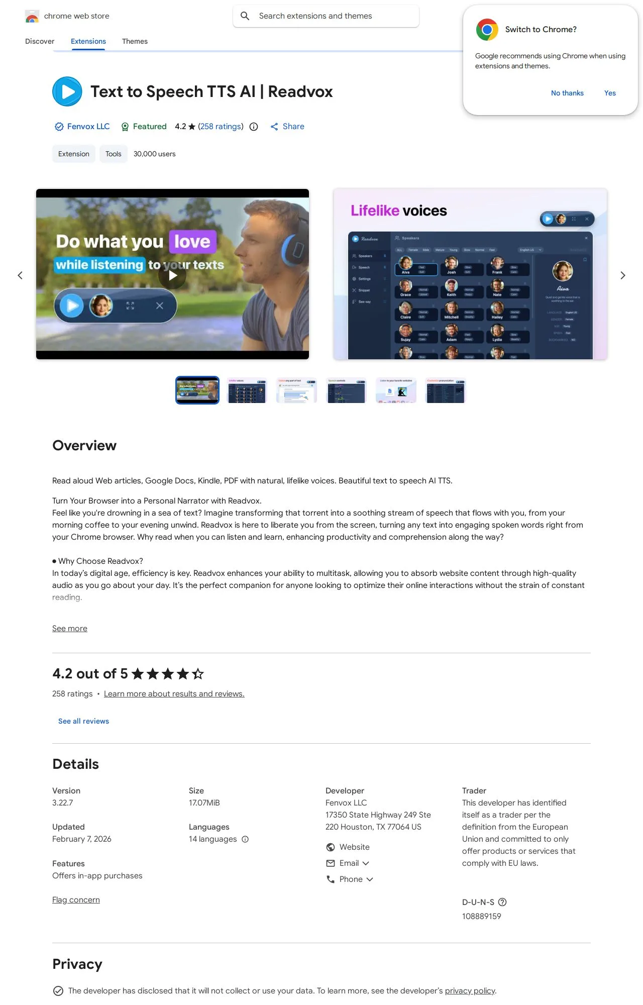 Text to Speech TTS AI | Readvox listing on the Chrome Web Store