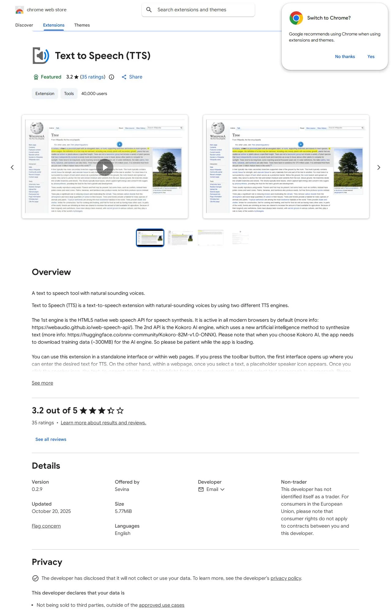 Text to Speech (TTS) listing on the Chrome Web Store