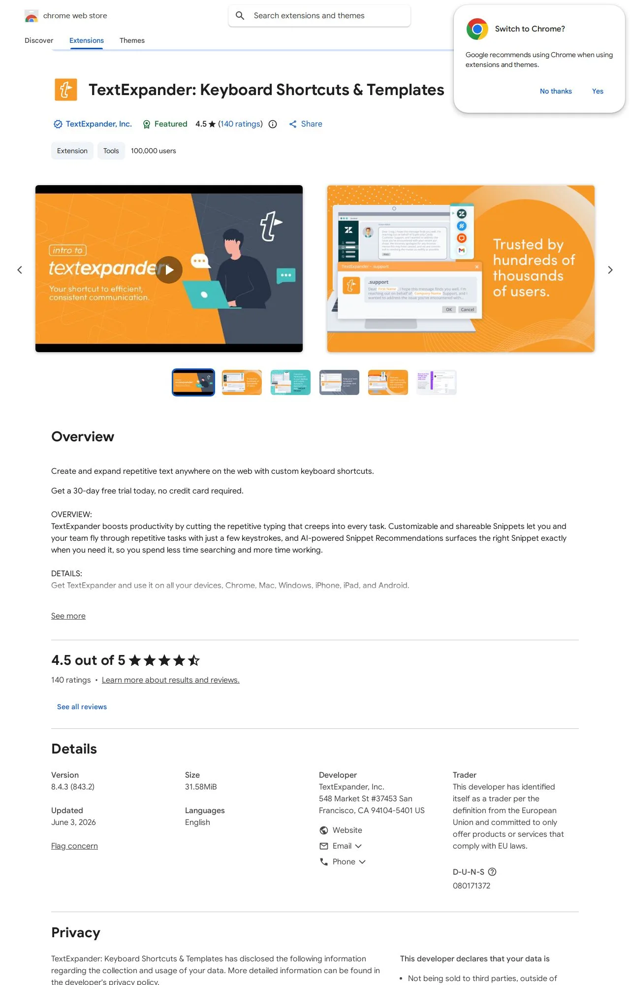 TextExpander: Keyboard Shortcuts & Templates listing on the Chrome Web Store