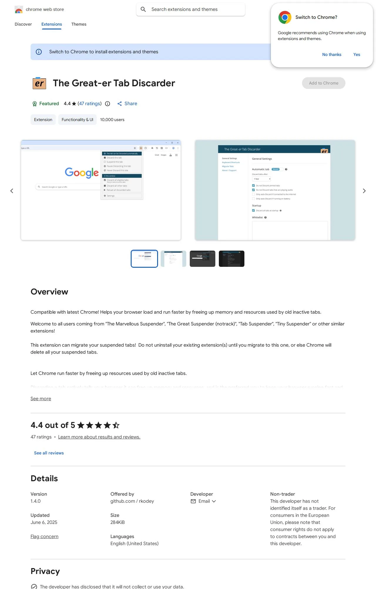 The Great-er Tab Discarder listing on the Chrome Web Store