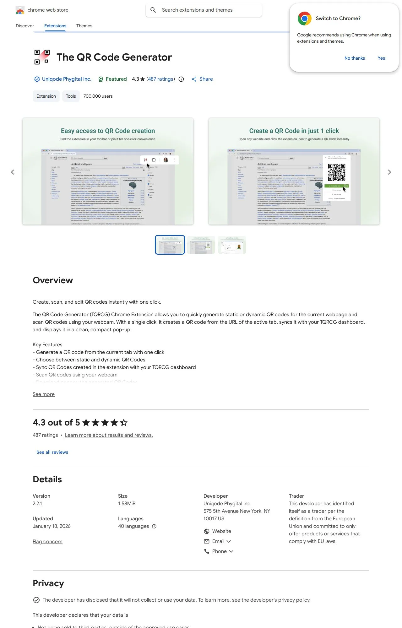 The QR Code Generator listing on the Chrome Web Store