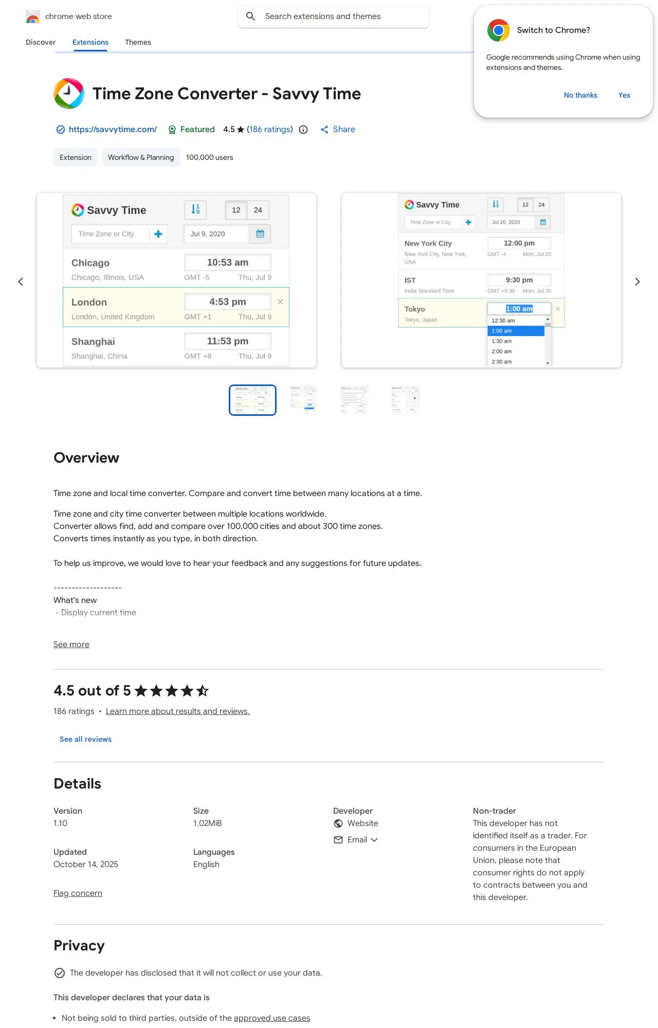 Time Zone Converter - Savvy Time listing on the Chrome Web Store