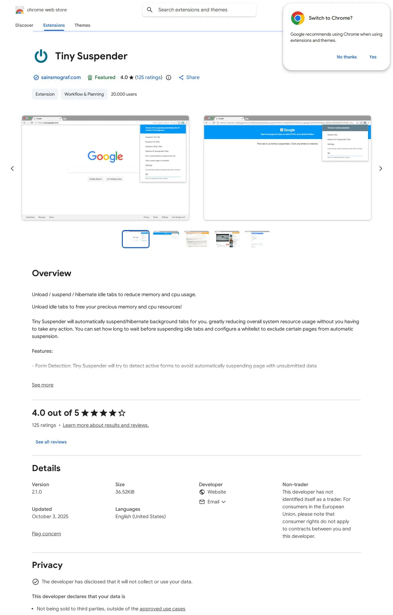 Tiny Suspender listing on the Chrome Web Store