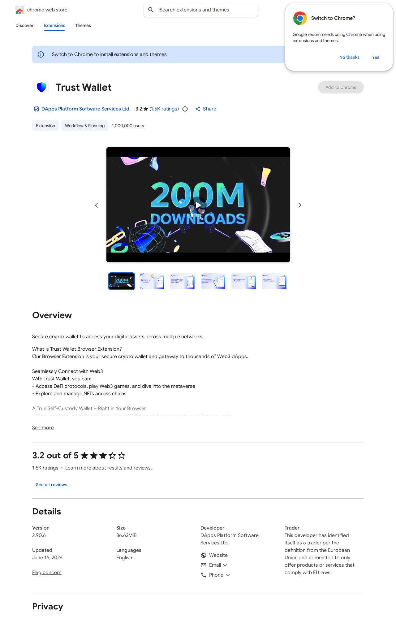 Trust Wallet listing on the Chrome Web Store