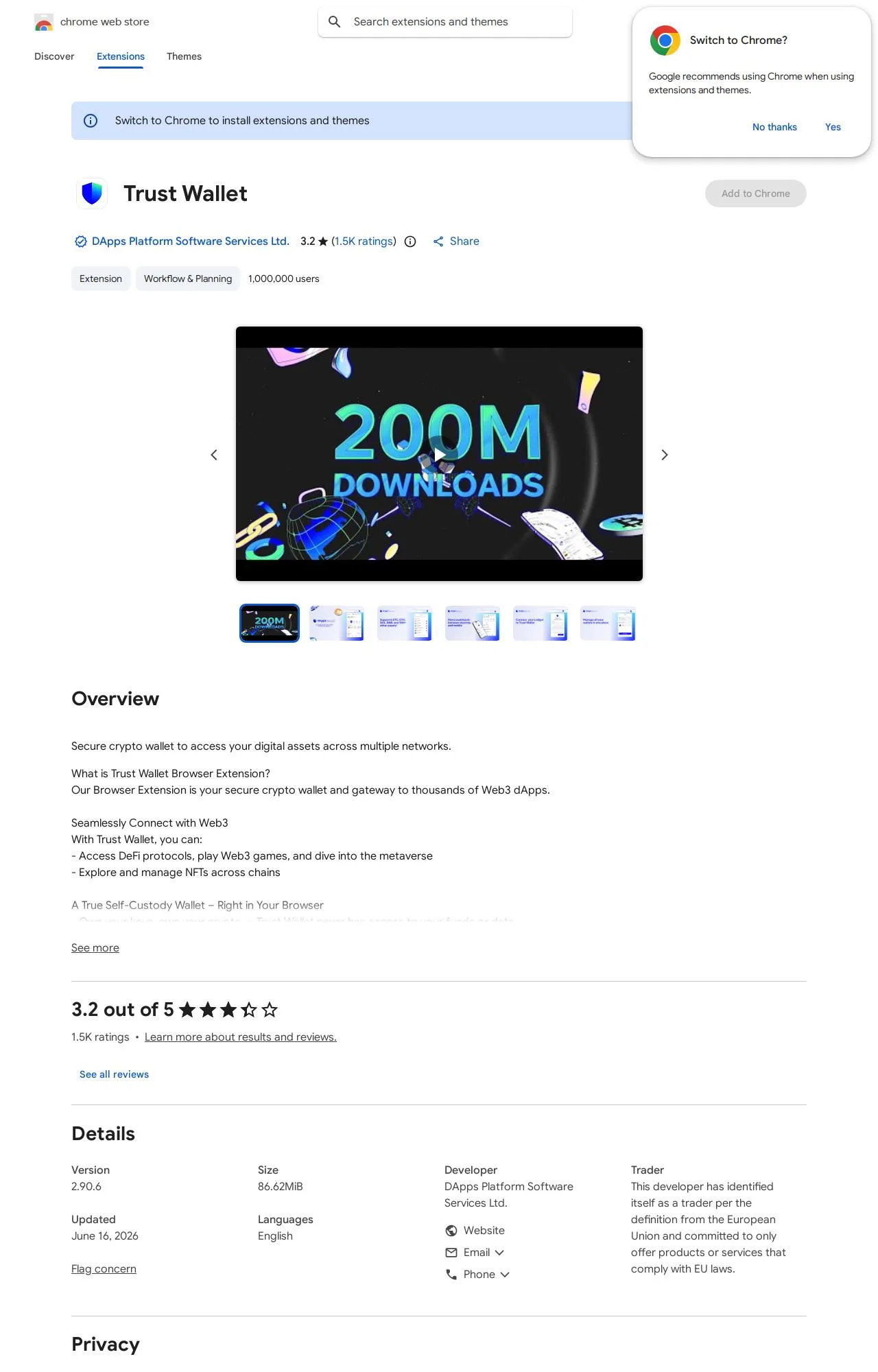 Trust Wallet listing on the Chrome Web Store