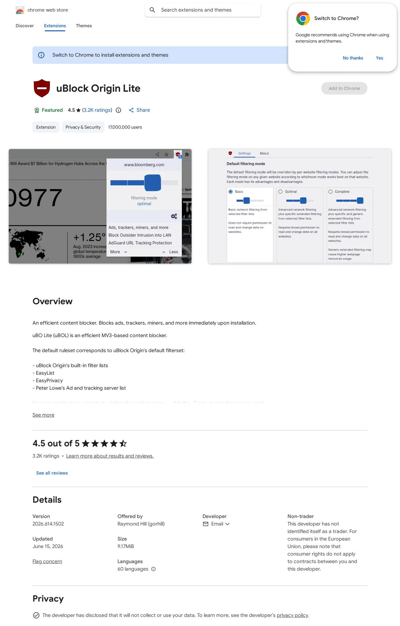 uBlock Origin Lite listing on the Chrome Web Store