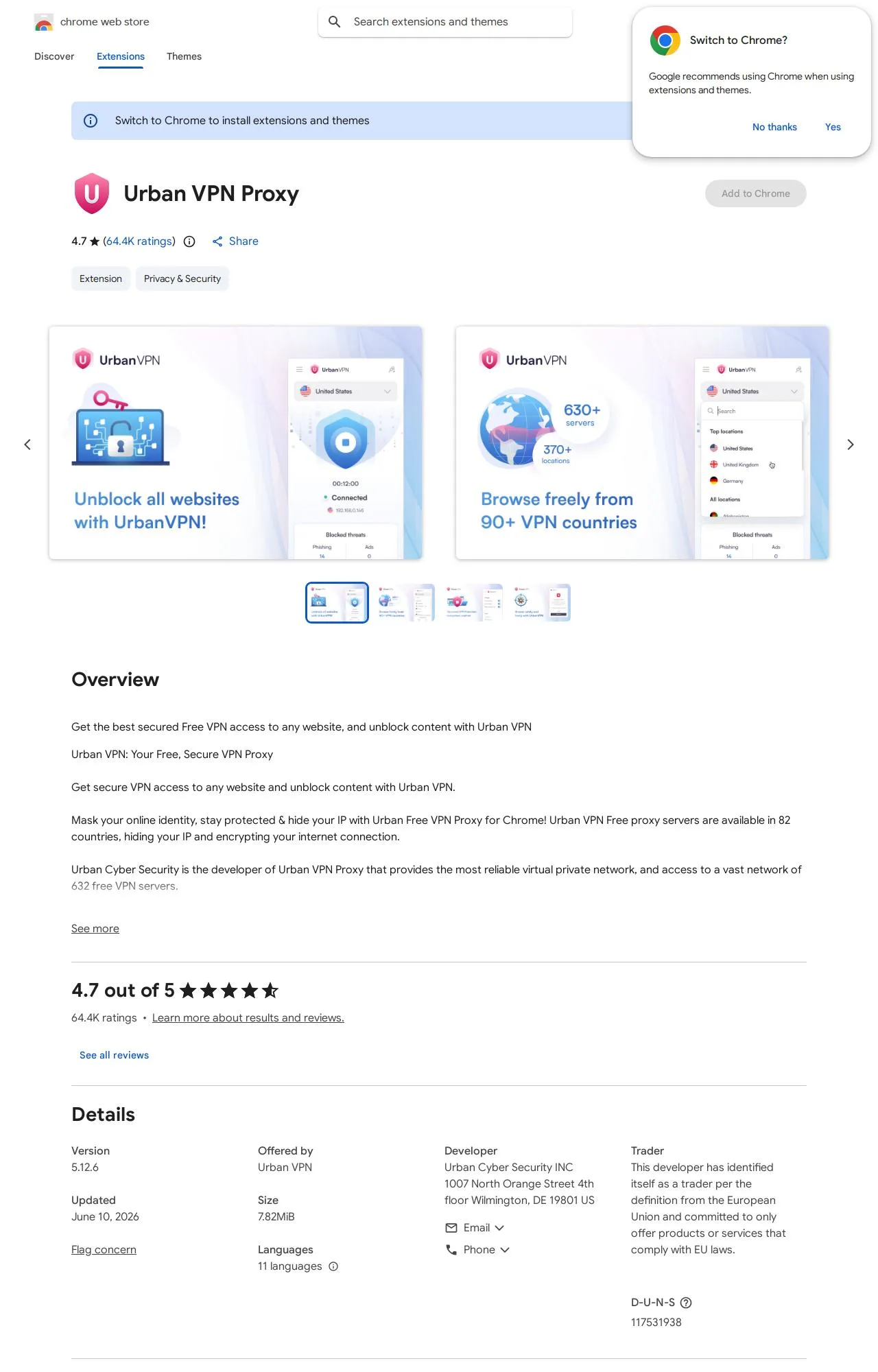 Urban VPN Proxy listing on the Chrome Web Store