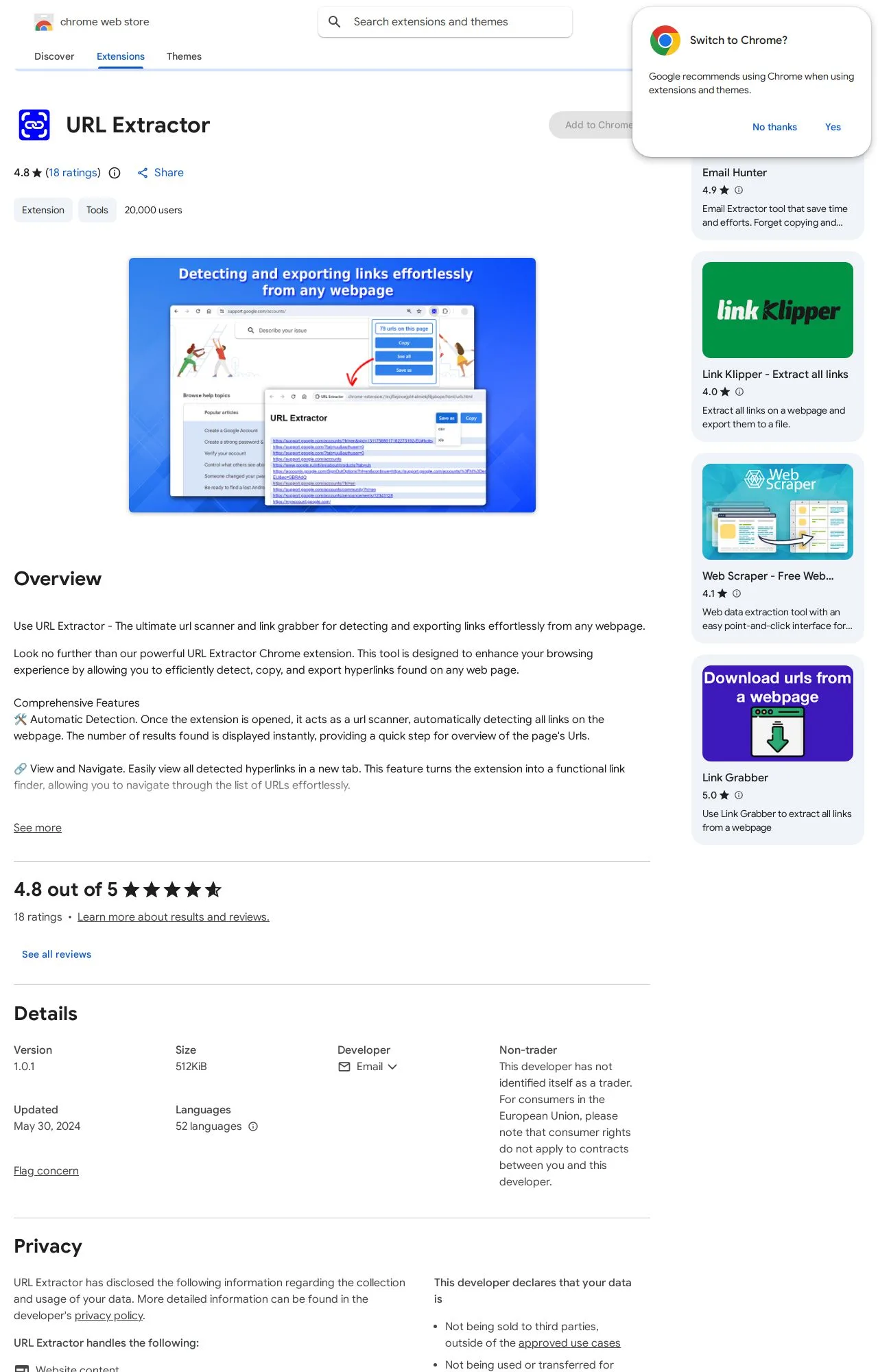 URL Extractor listing on the Chrome Web Store
