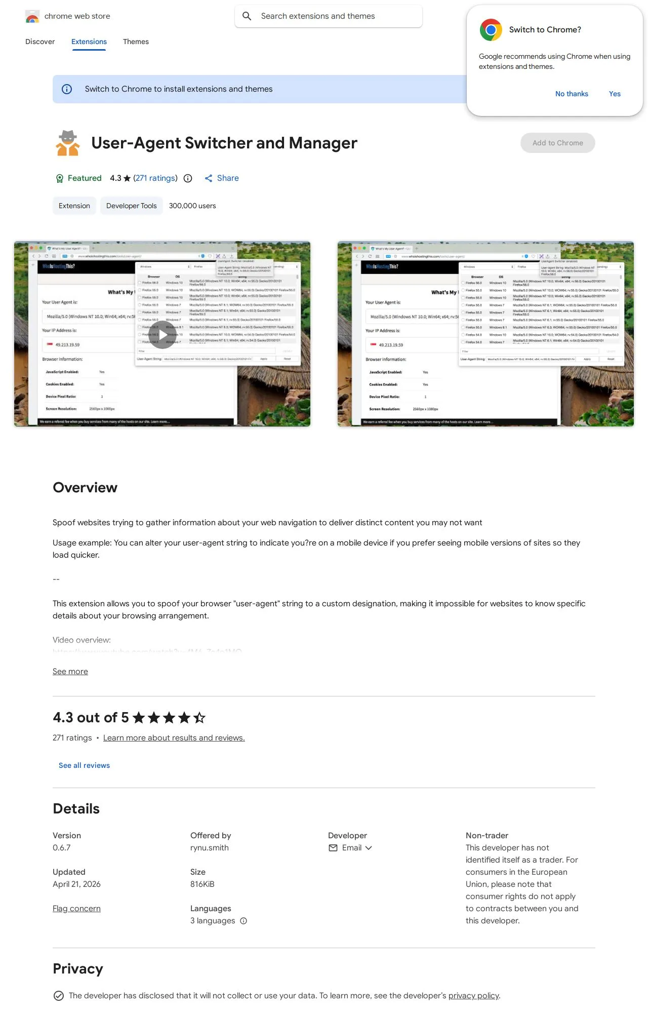 User-Agent Switcher and Manager listing on the Chrome Web Store