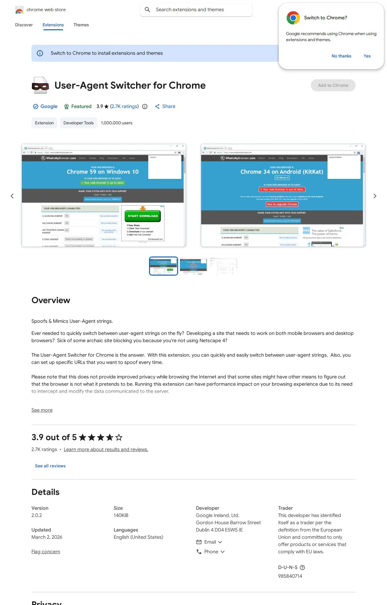 User-Agent Switcher for Chrome listing on the Chrome Web Store