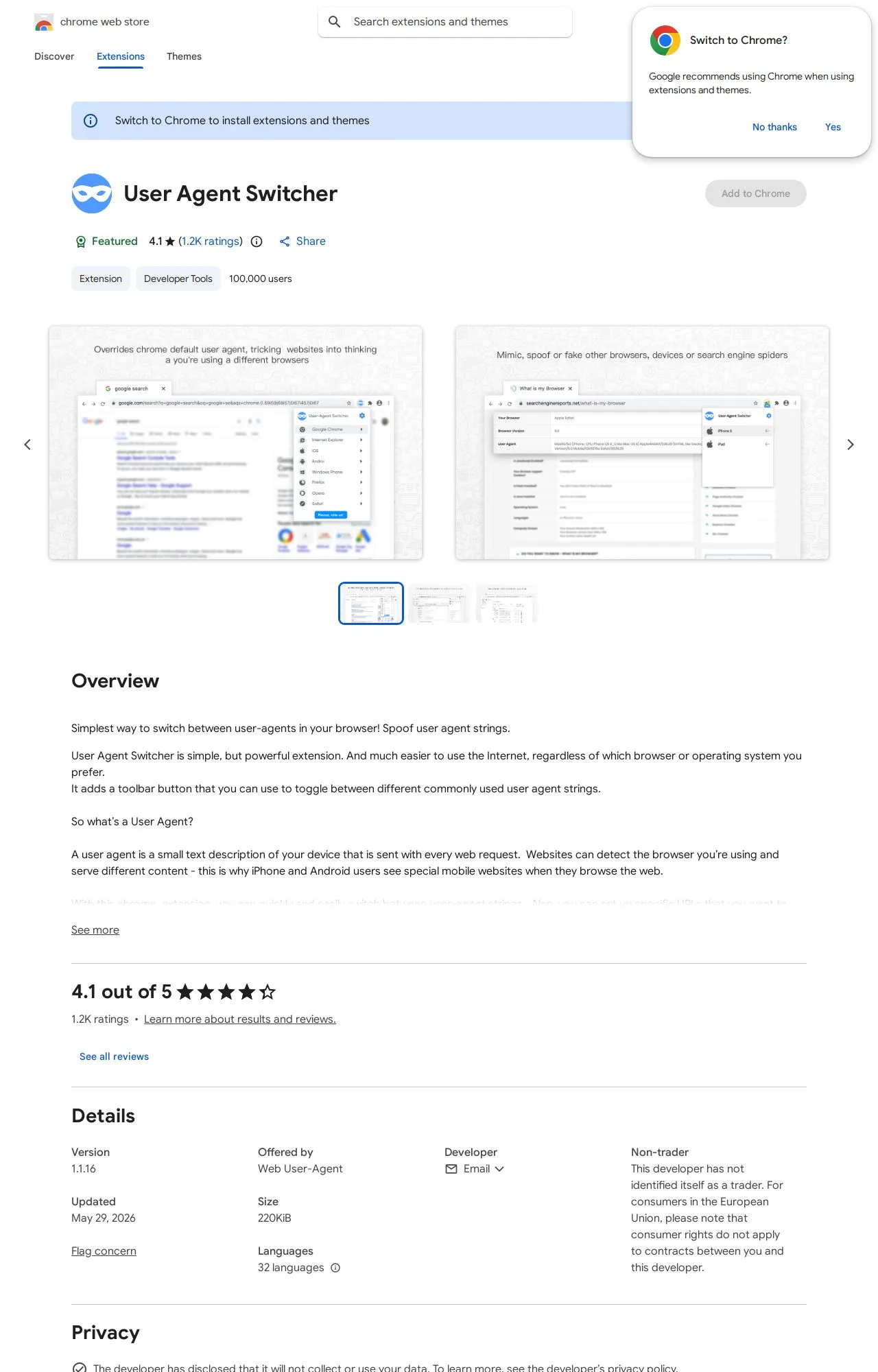 User Agent Switcher listing on the Chrome Web Store