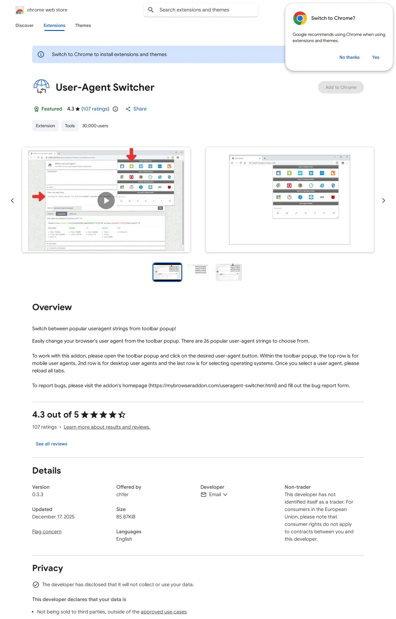User-Agent Switcher listing on the Chrome Web Store