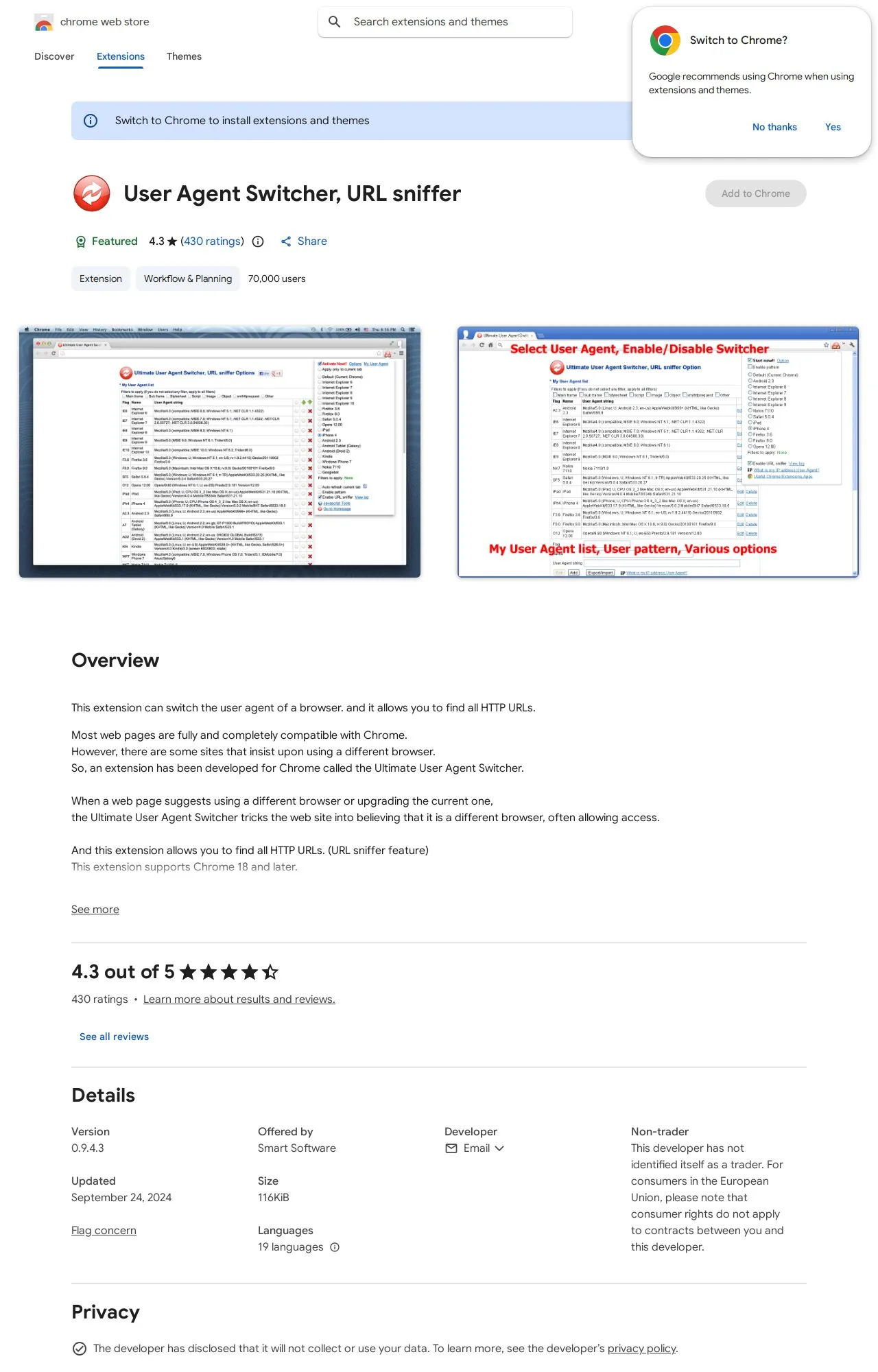 User Agent Switcher, URL sniffer listing on the Chrome Web Store