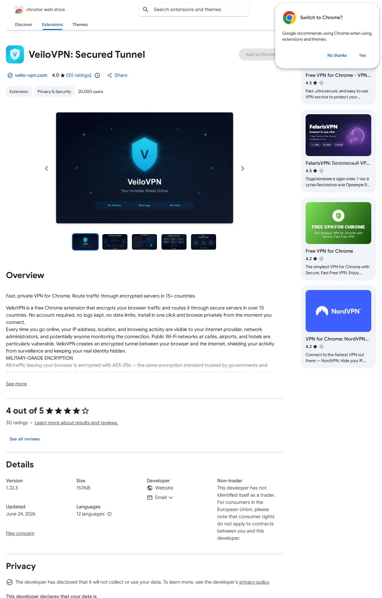VeiloVPN: Secured Tunnel listing on the Chrome Web Store