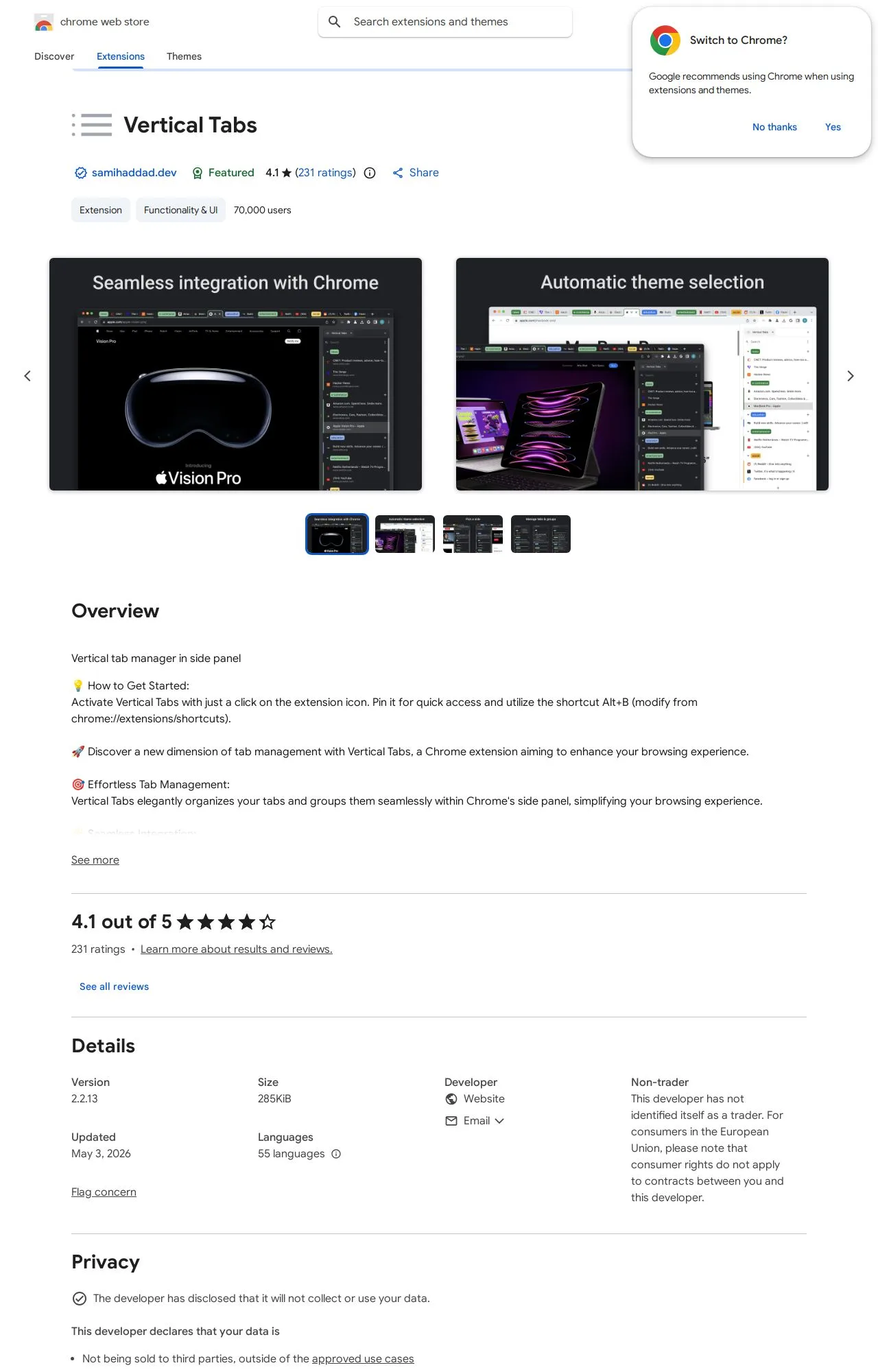 Vertical Tabs listing on the Chrome Web Store