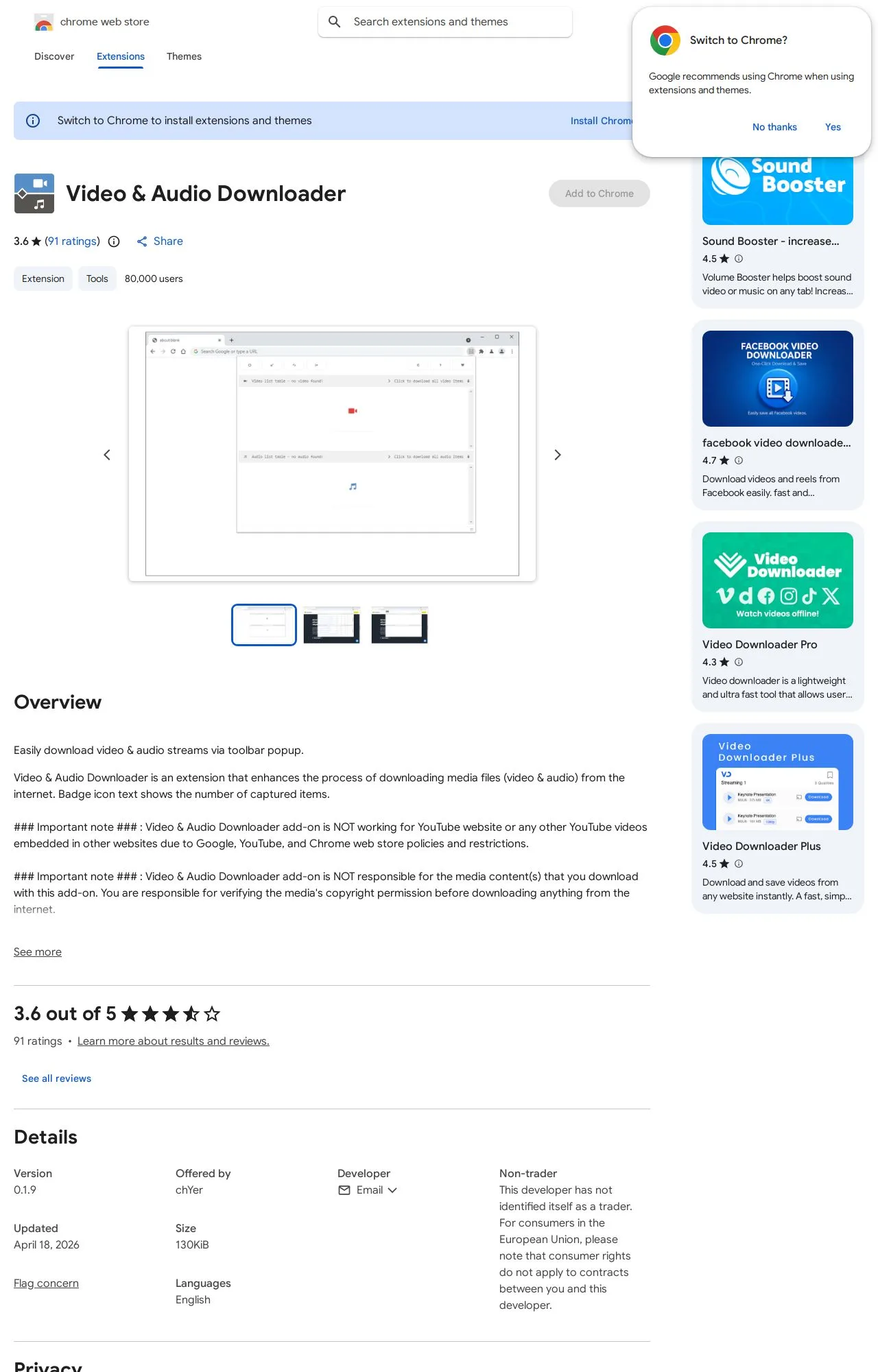 Video & Audio Downloader listing on the Chrome Web Store
