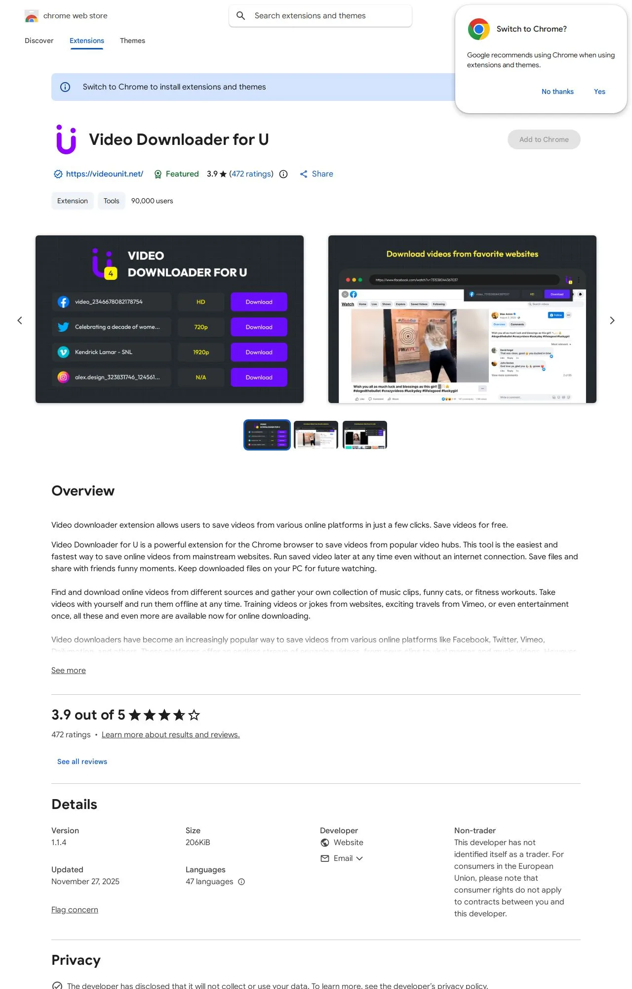 Video Downloader for U listing on the Chrome Web Store