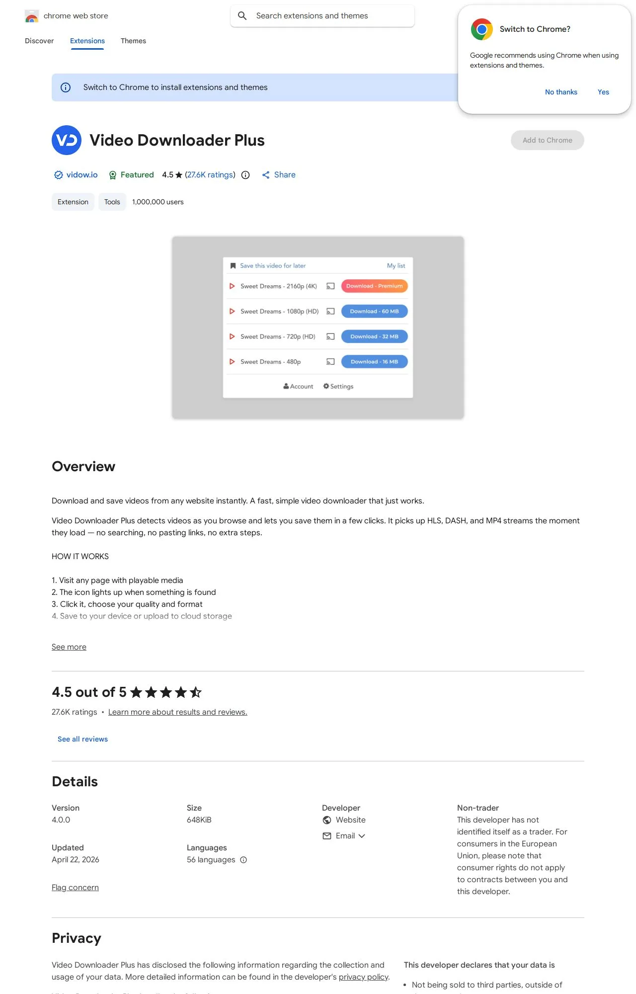 Video Downloader Plus listing on the Chrome Web Store