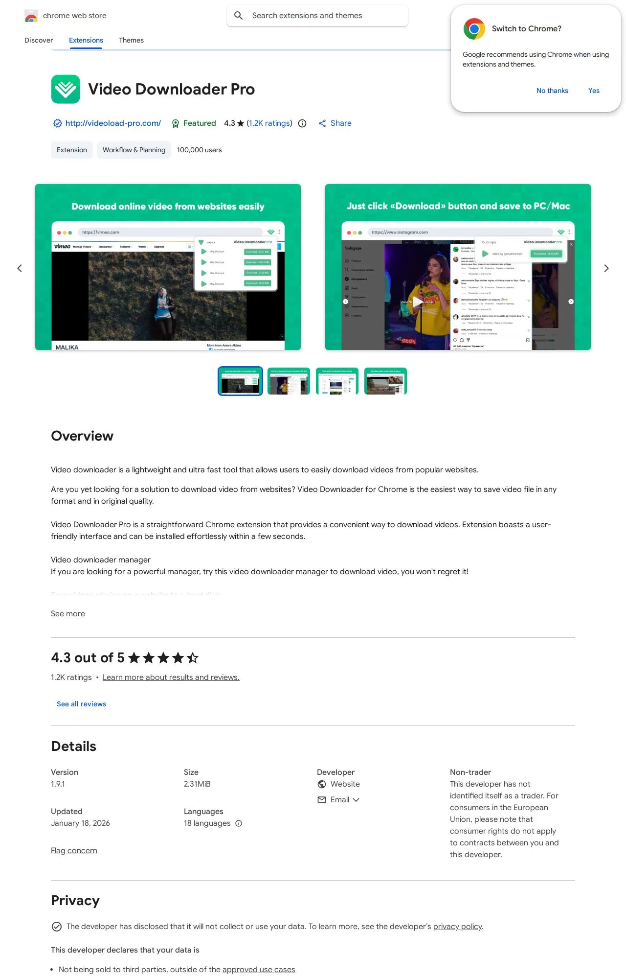 Video Downloader Pro listing on the Chrome Web Store