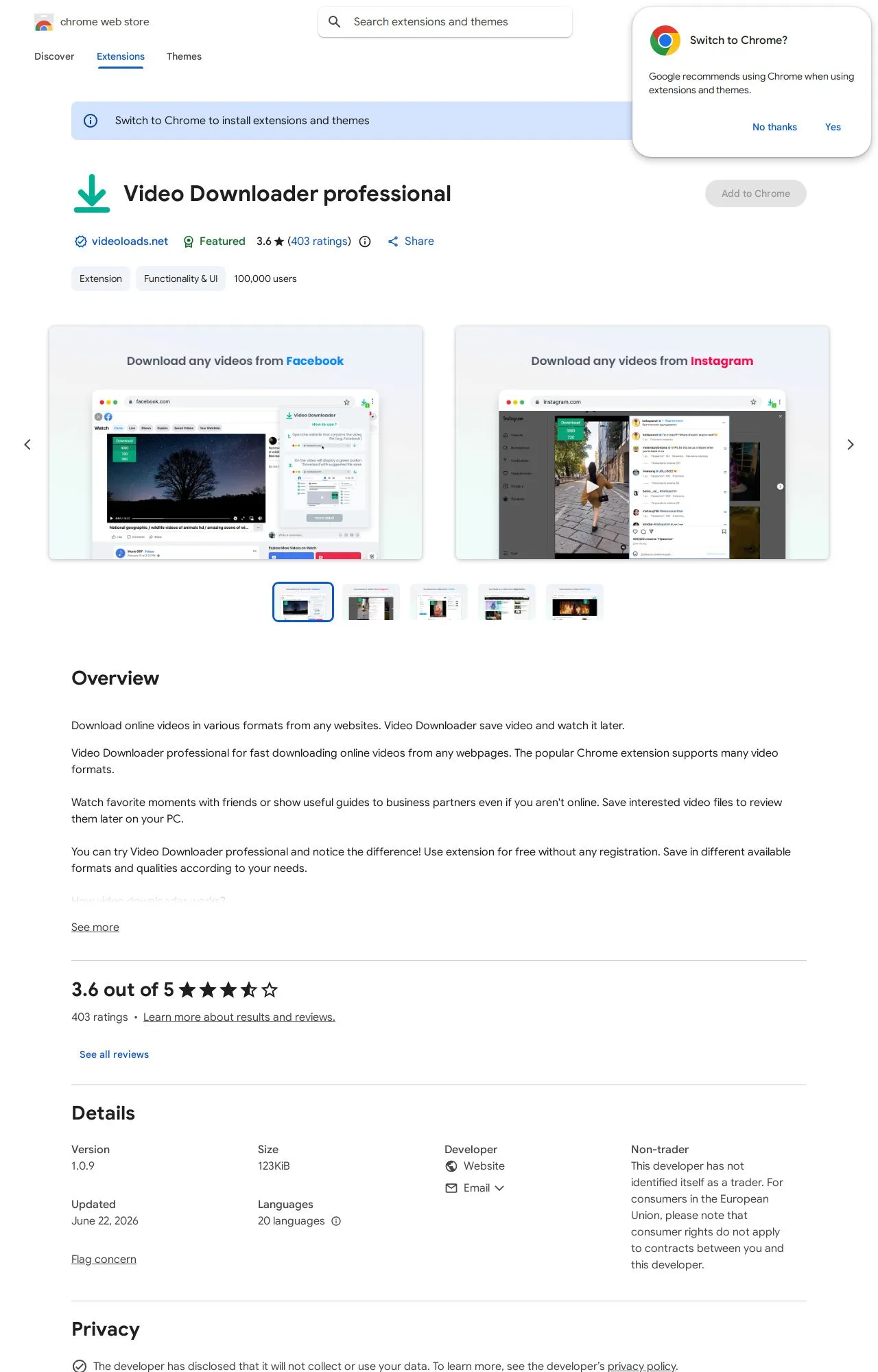 Video Downloader professional listing on the Chrome Web Store