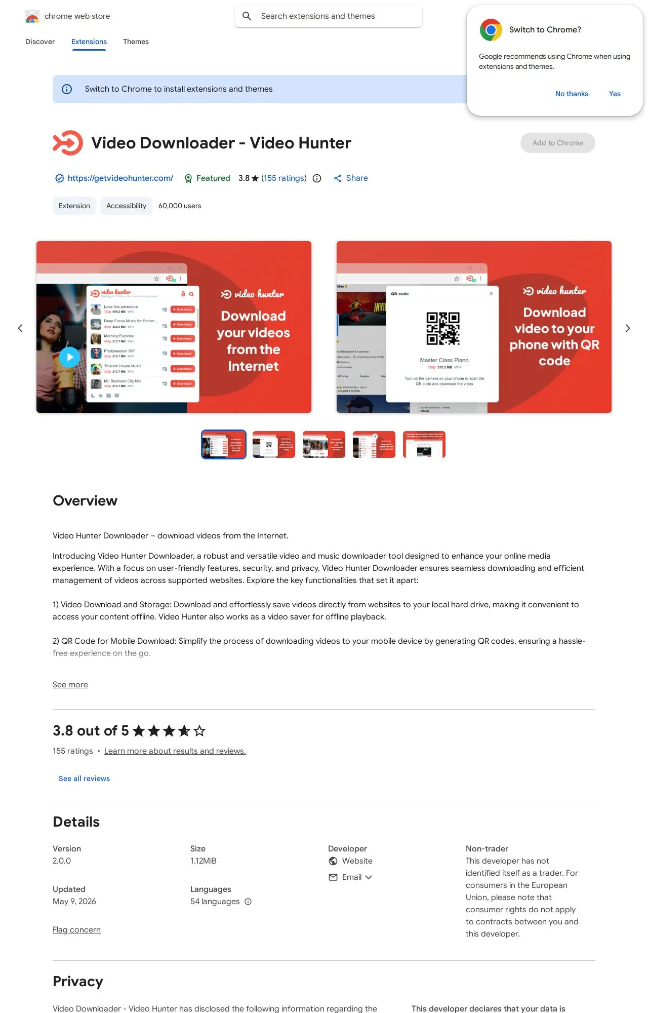 Video Downloader - Video Hunter listing on the Chrome Web Store