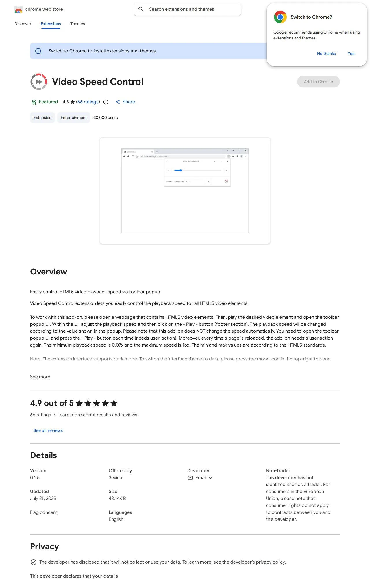 Video Speed Control listing on the Chrome Web Store
