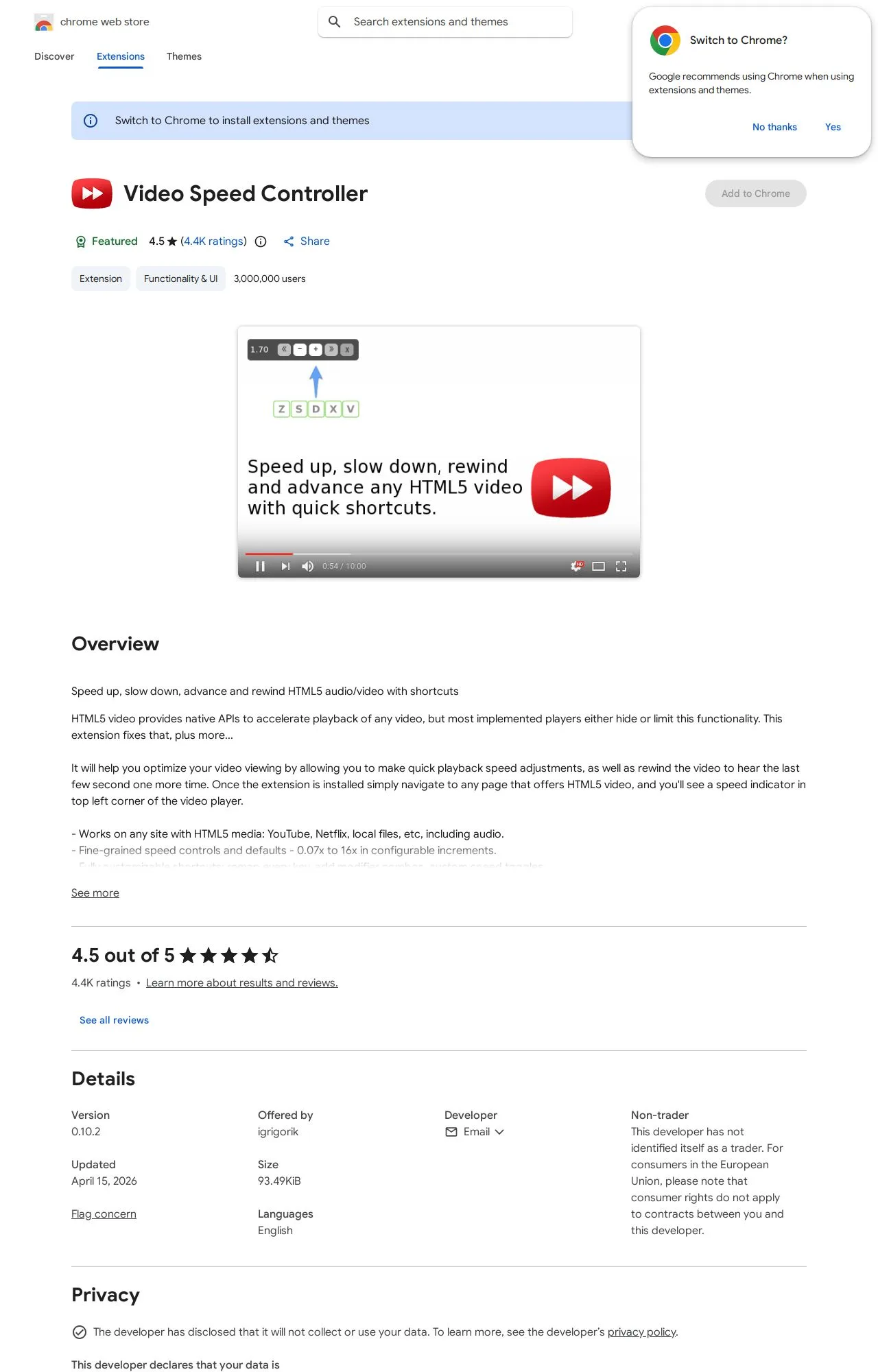 Video Speed Controller listing on the Chrome Web Store