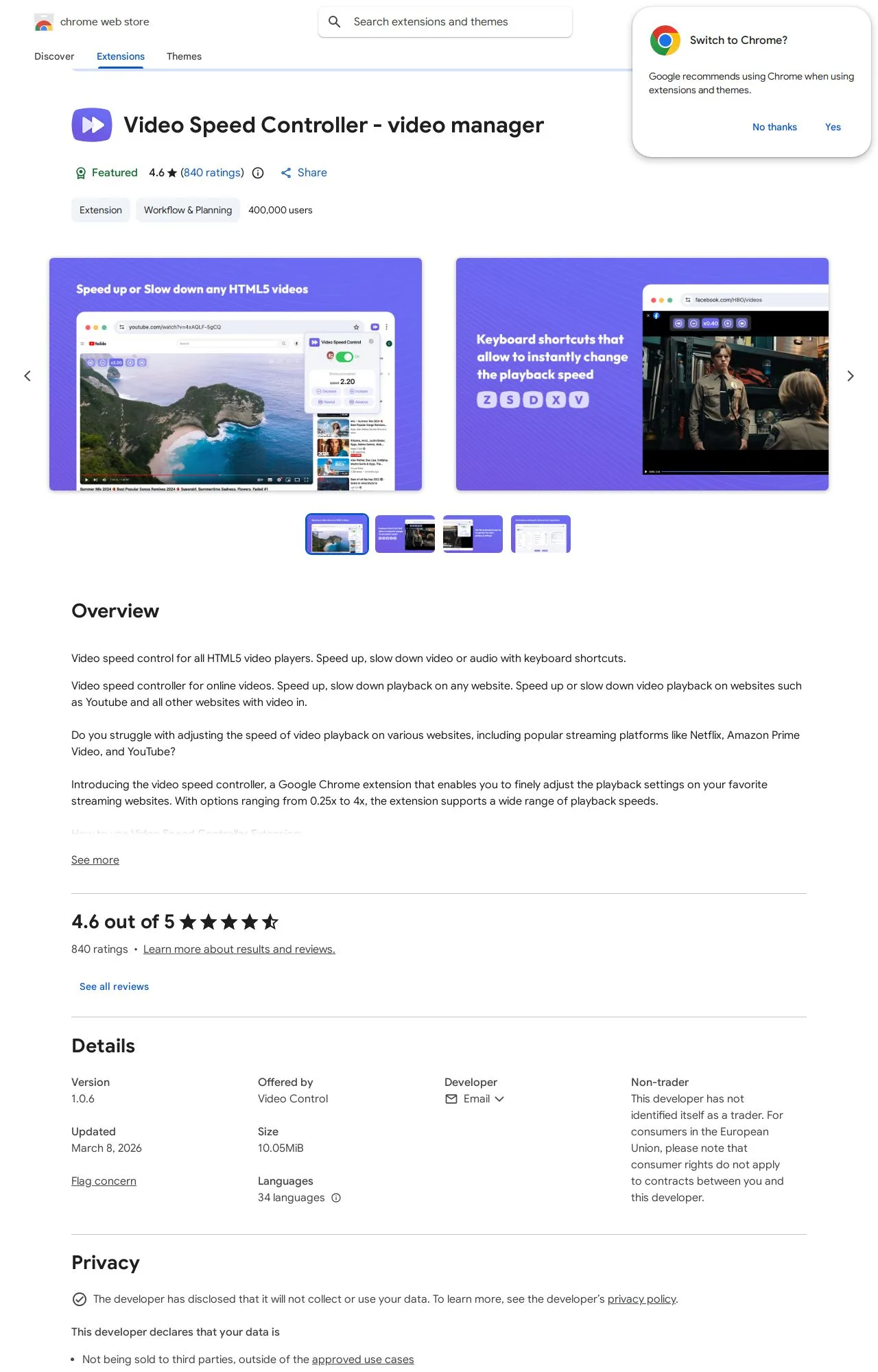 Video Speed Controller - video manager listing on the Chrome Web Store
