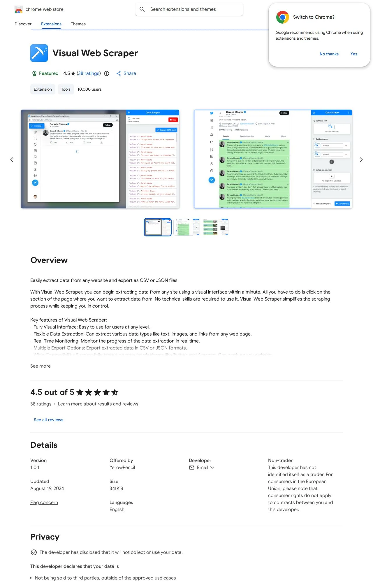 Visual Web Scraper listing on the Chrome Web Store