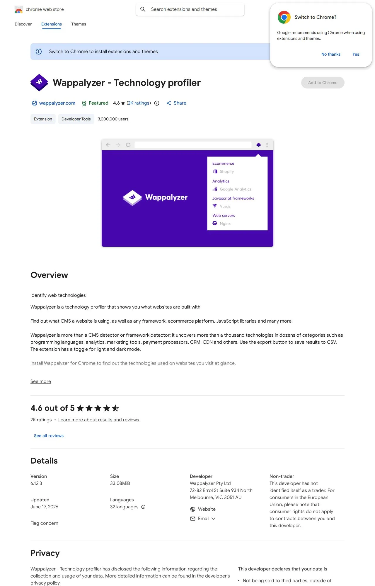 Wappalyzer - Technology profiler listing on the Chrome Web Store