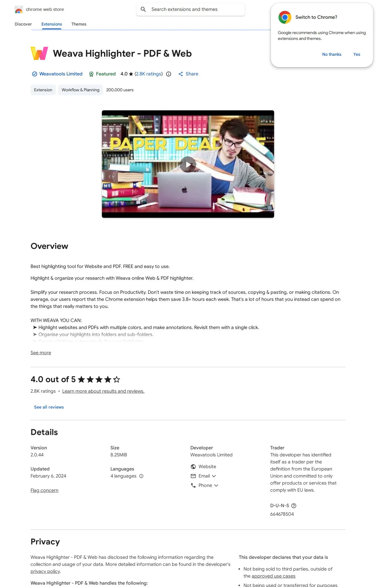 Weava Highlighter - PDF & Web listing on the Chrome Web Store